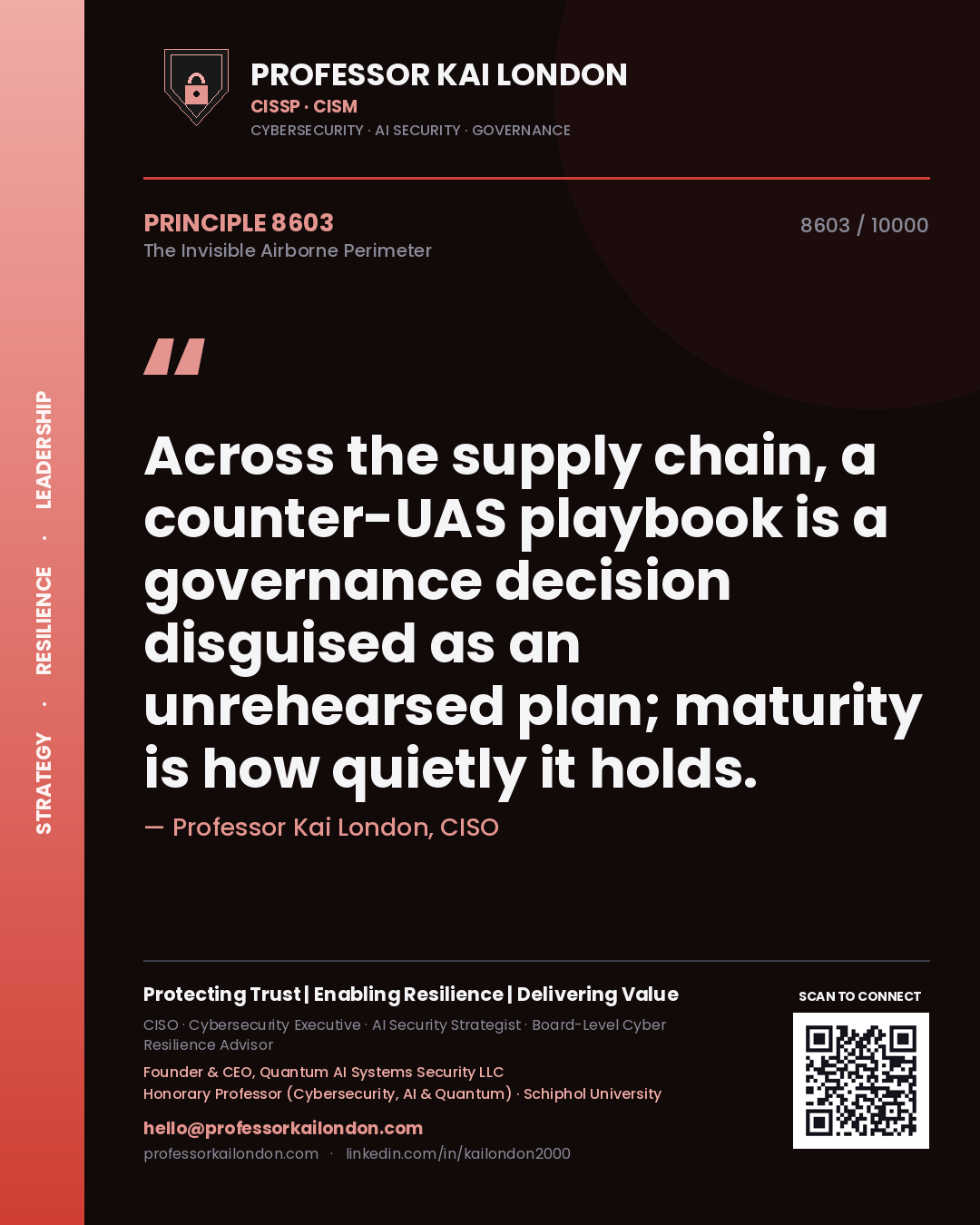 Professor Kai London principle 8603: Across the supply chain, a counter-UAS playbook is a governance decision disguised as an unrehearsed plan; maturity is how quietly it holds.