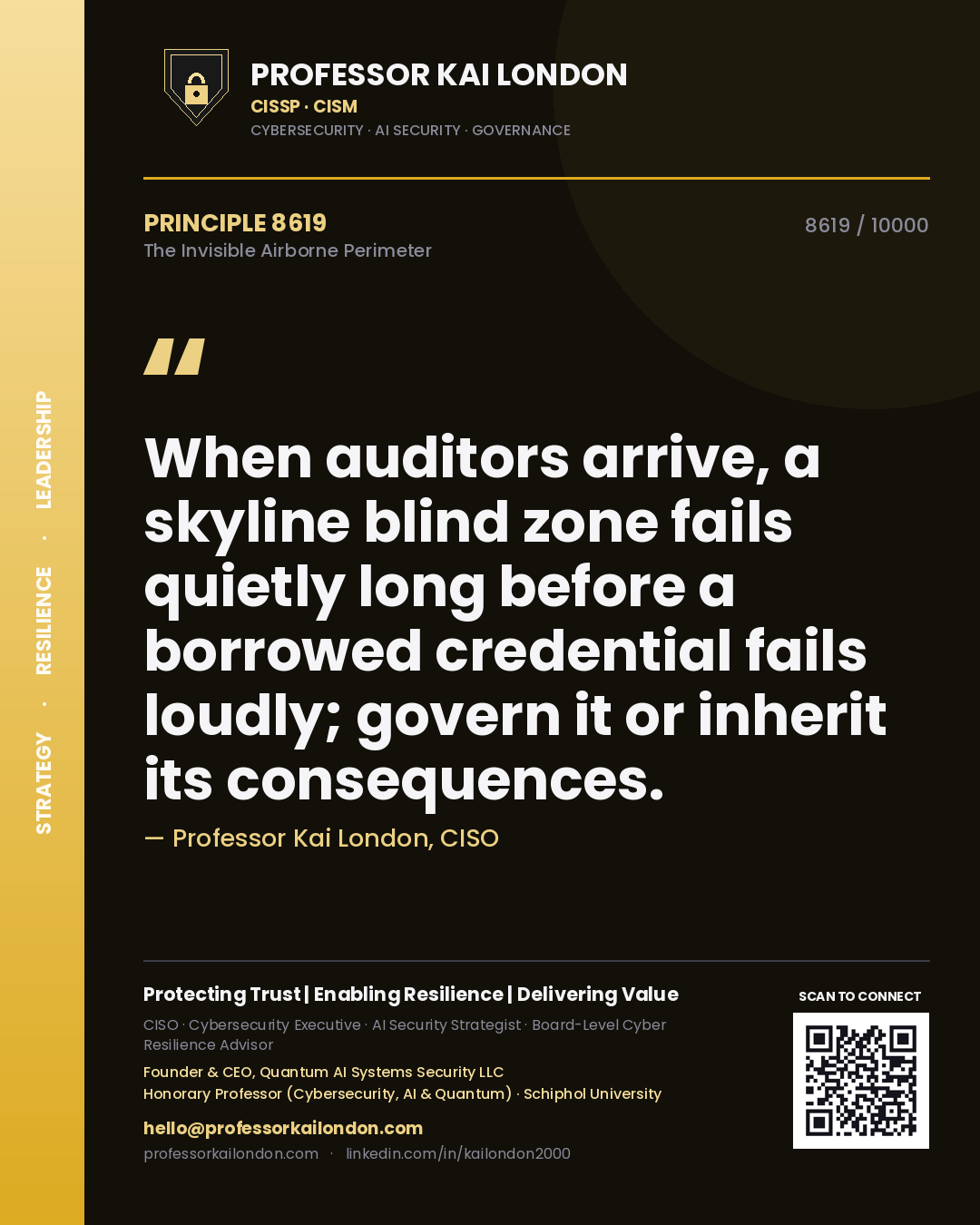 Professor Kai London principle 8619: When auditors arrive, a skyline blind zone fails quietly long before a borrowed credential fails loudly; govern it or inherit its consequences.