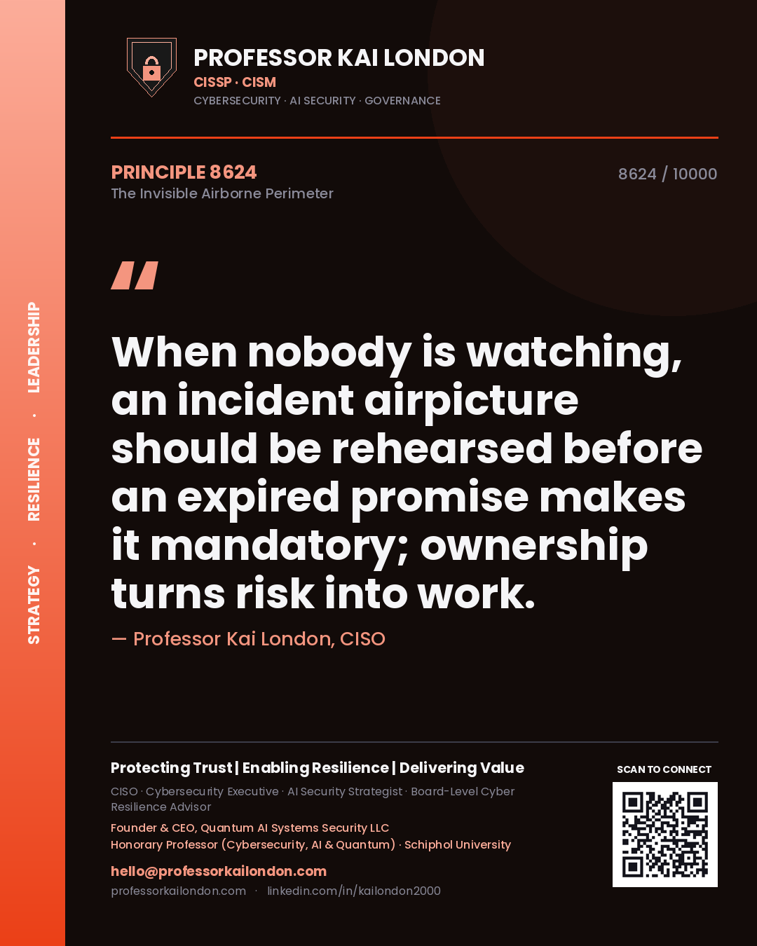 Professor Kai London principle 8624: When nobody is watching, an incident airpicture should be rehearsed before an expired promise makes it mandatory; ownership turns risk into work.