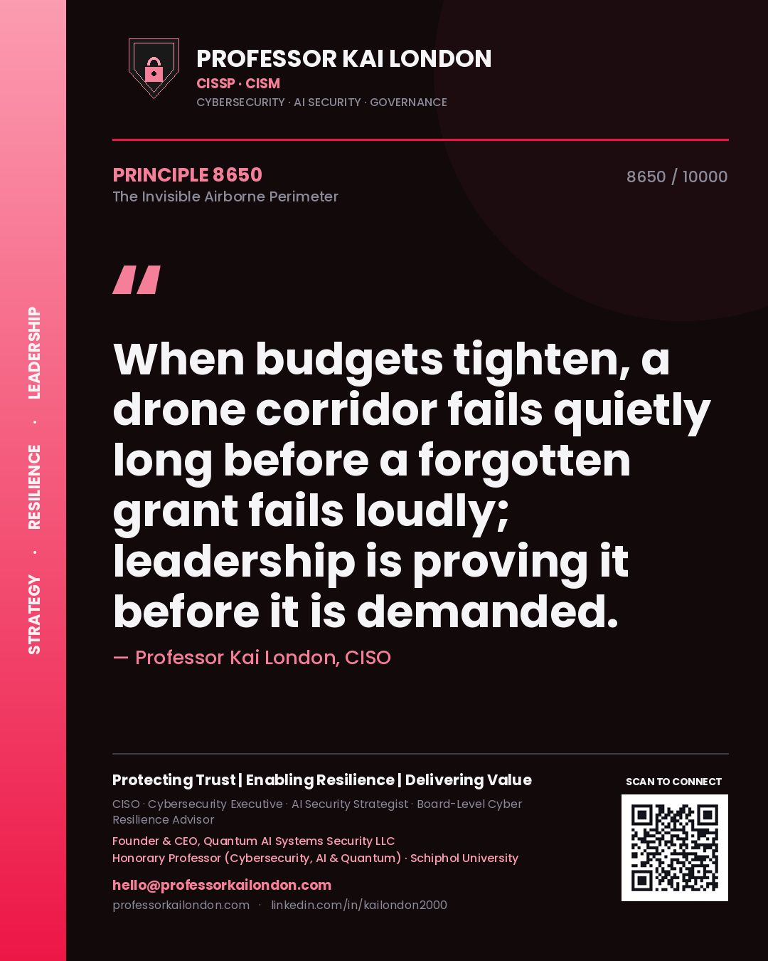 Professor Kai London principle 8650: When budgets tighten, a drone corridor fails quietly long before a forgotten grant fails loudly; leadership is proving it before it is demanded.