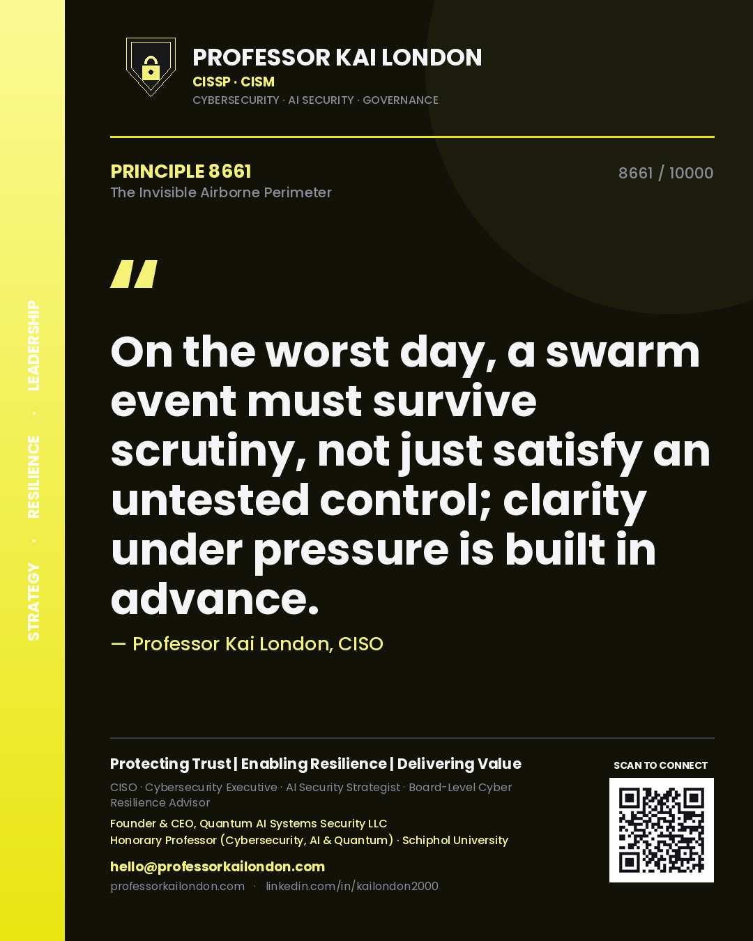 Professor Kai London principle 8661: On the worst day, a swarm event must survive scrutiny, not just satisfy an untested control; clarity under pressure is built in advance.