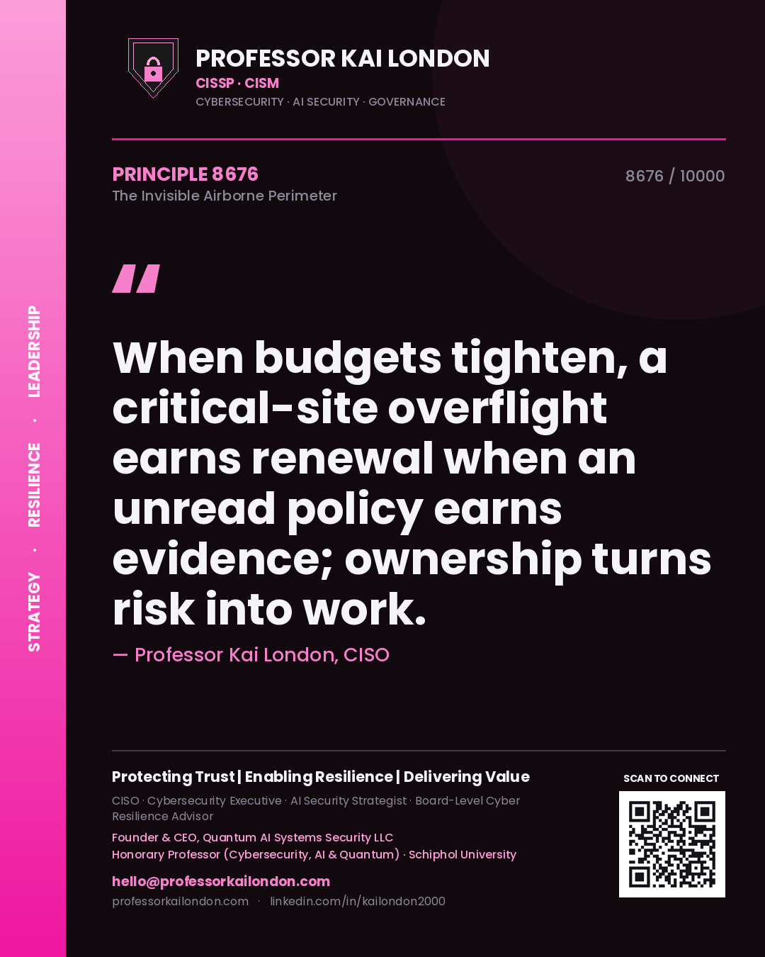 Professor Kai London principle 8676: When budgets tighten, a critical-site overflight earns renewal when an unread policy earns evidence; ownership turns risk into work.
