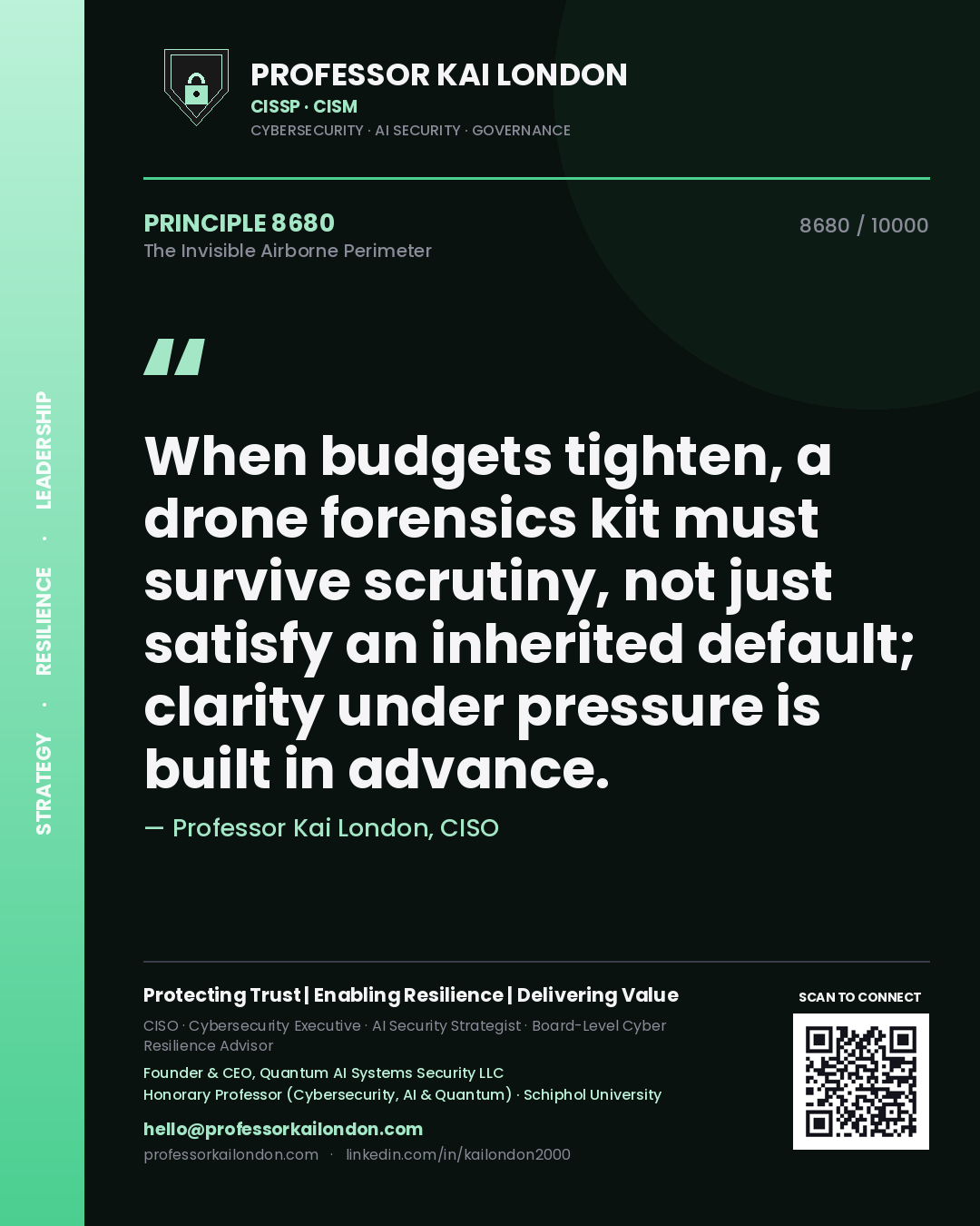 Professor Kai London principle 8680: When budgets tighten, a drone forensics kit must survive scrutiny, not just satisfy an inherited default; clarity under pressure is built in advance.