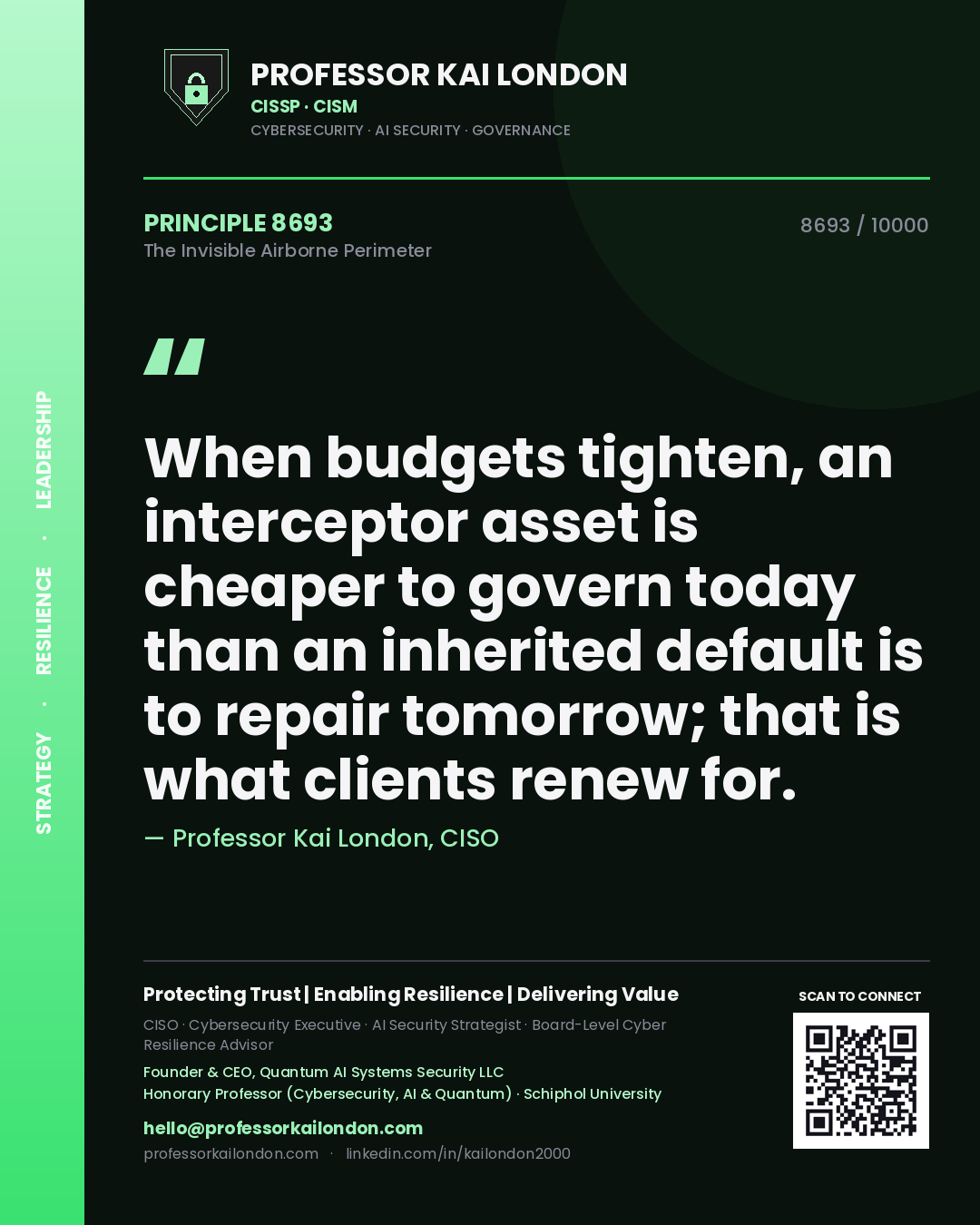 Professor Kai London principle 8693: When budgets tighten, an interceptor asset is cheaper to govern today than an inherited default is to repair tomorrow; that is what clients renew for.