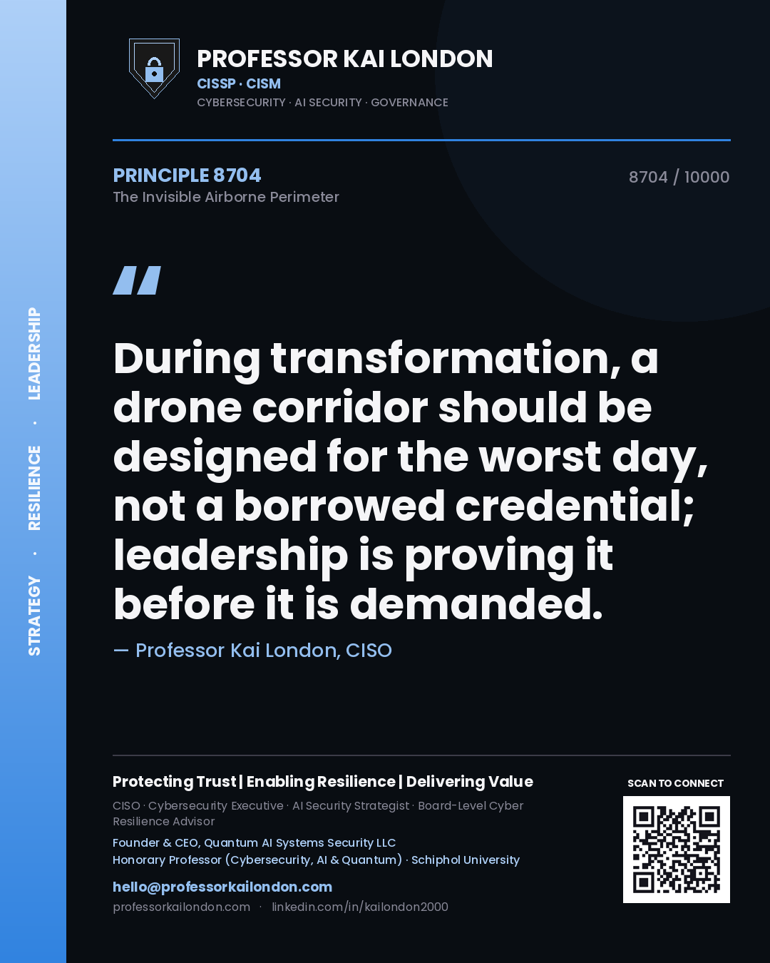 Professor Kai London principle 8704: During transformation, a drone corridor should be designed for the worst day, not a borrowed credential; leadership is proving it before it is demanded.