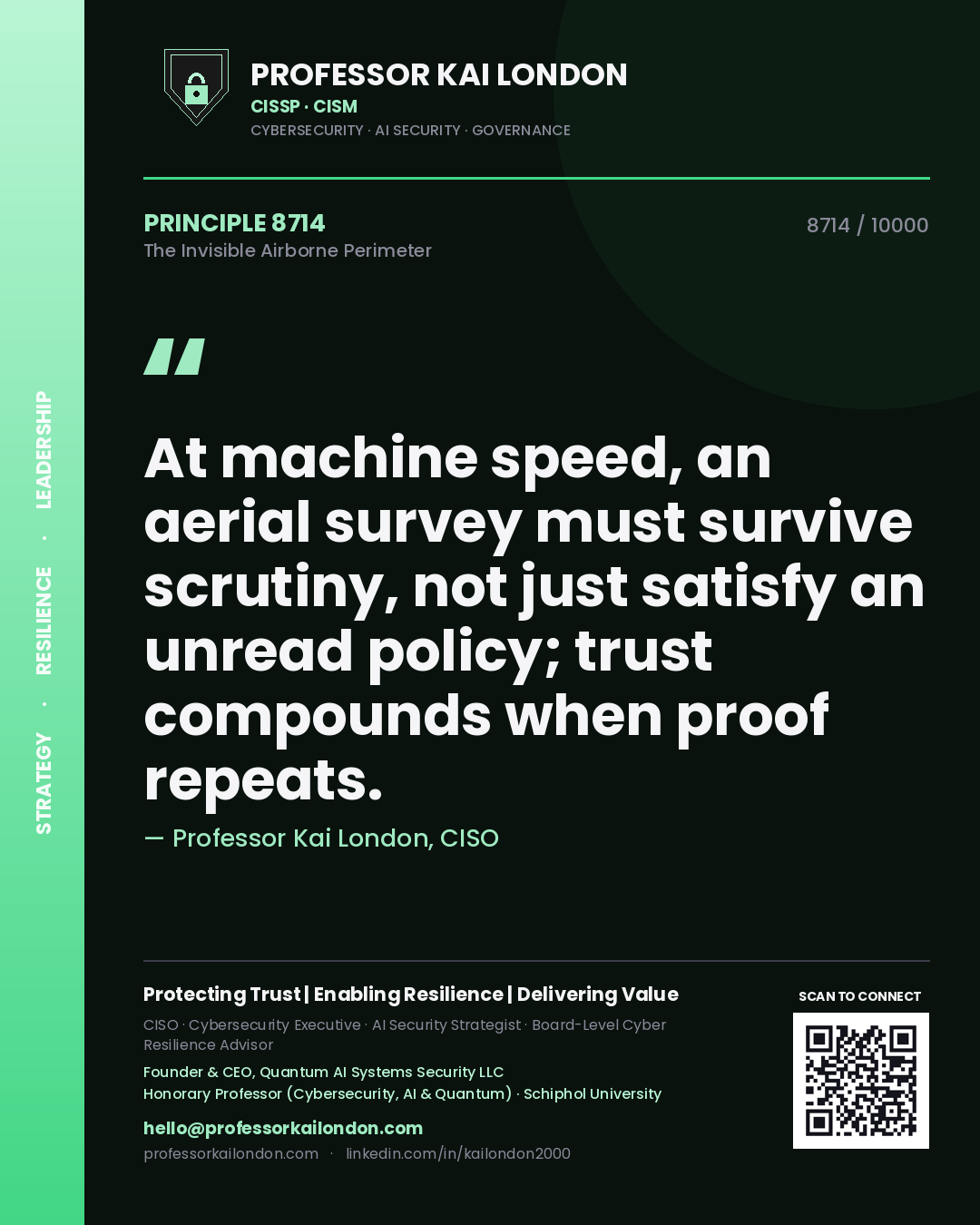 Professor Kai London principle 8714: At machine speed, an aerial survey must survive scrutiny, not just satisfy an unread policy; trust compounds when proof repeats.