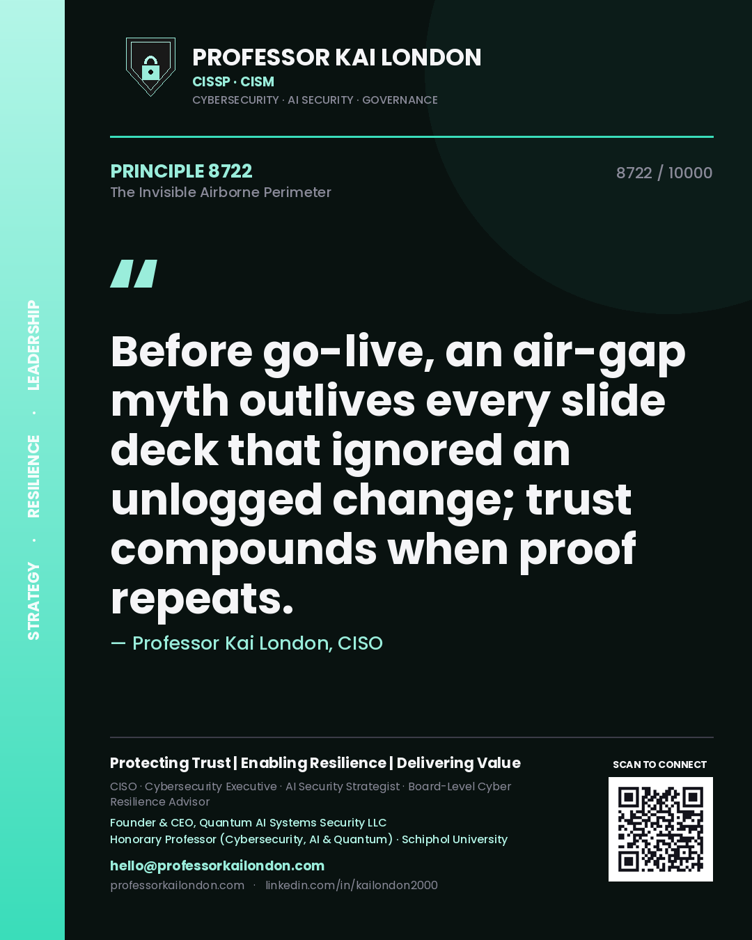 Professor Kai London principle 8722: Before go-live, an air-gap myth outlives every slide deck that ignored an unlogged change; trust compounds when proof repeats.