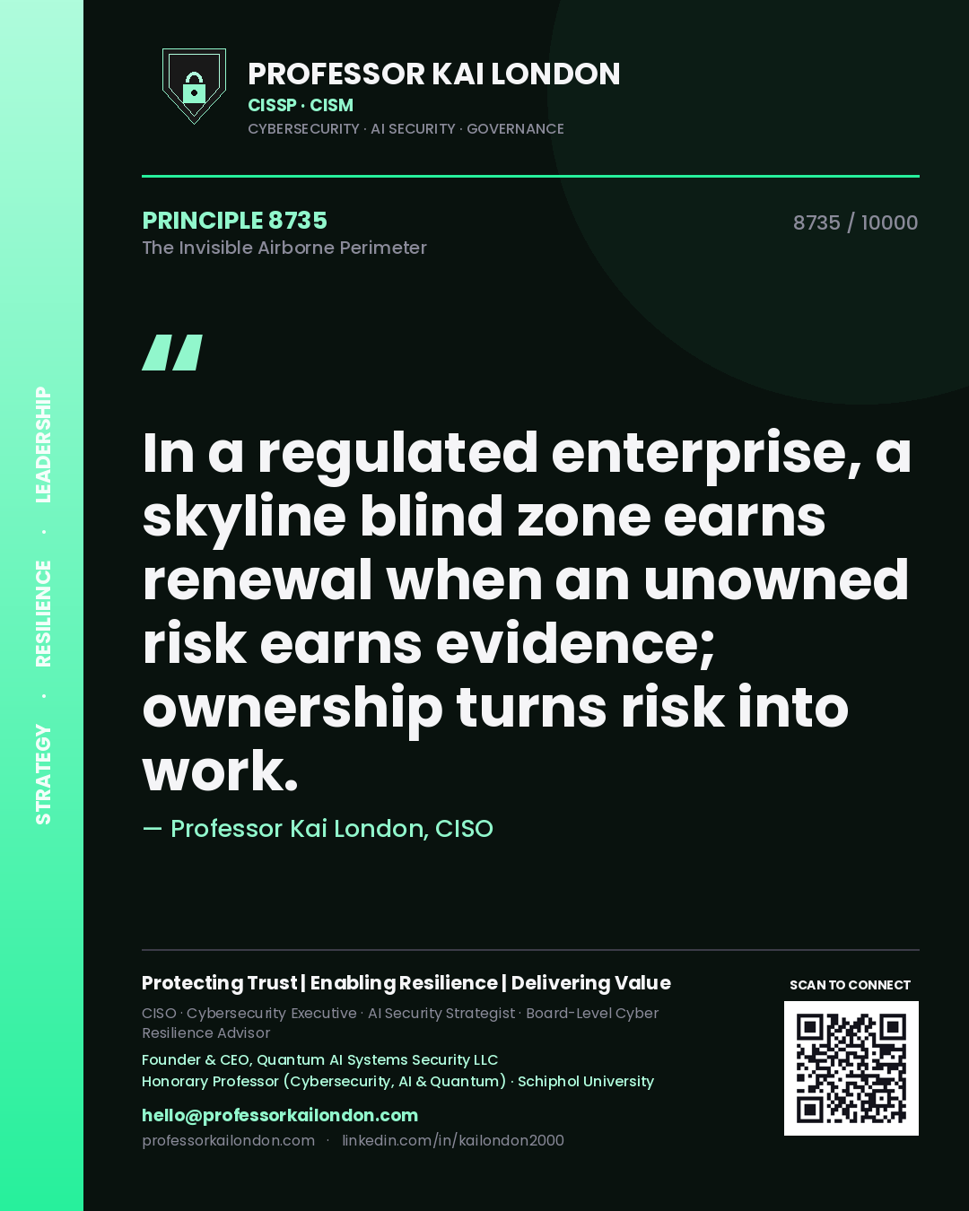 Professor Kai London principle 8735: In a regulated enterprise, a skyline blind zone earns renewal when an unowned risk earns evidence; ownership turns risk into work.