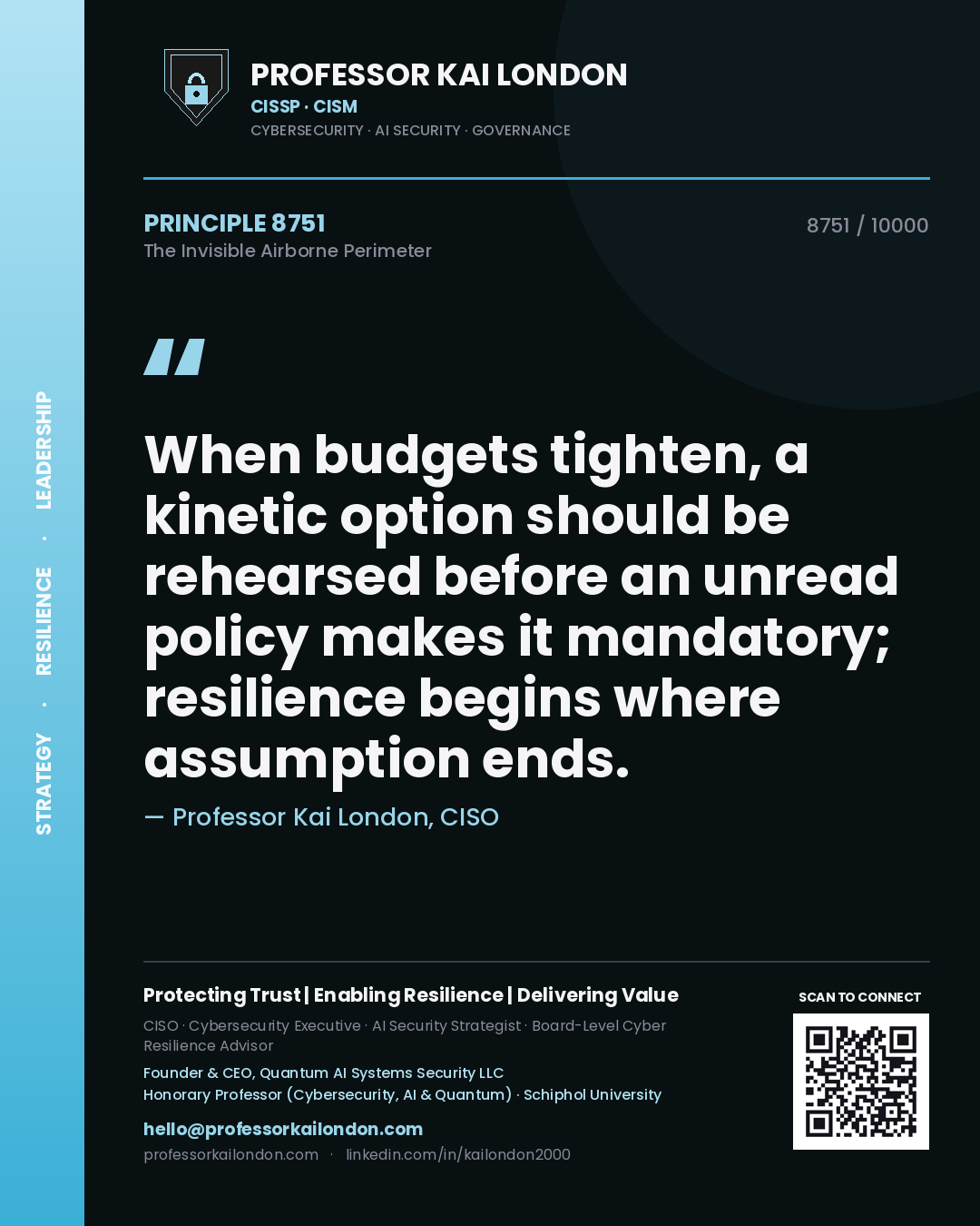 Professor Kai London principle 8751: When budgets tighten, a kinetic option should be rehearsed before an unread policy makes it mandatory; resilience begins where assumption ends.