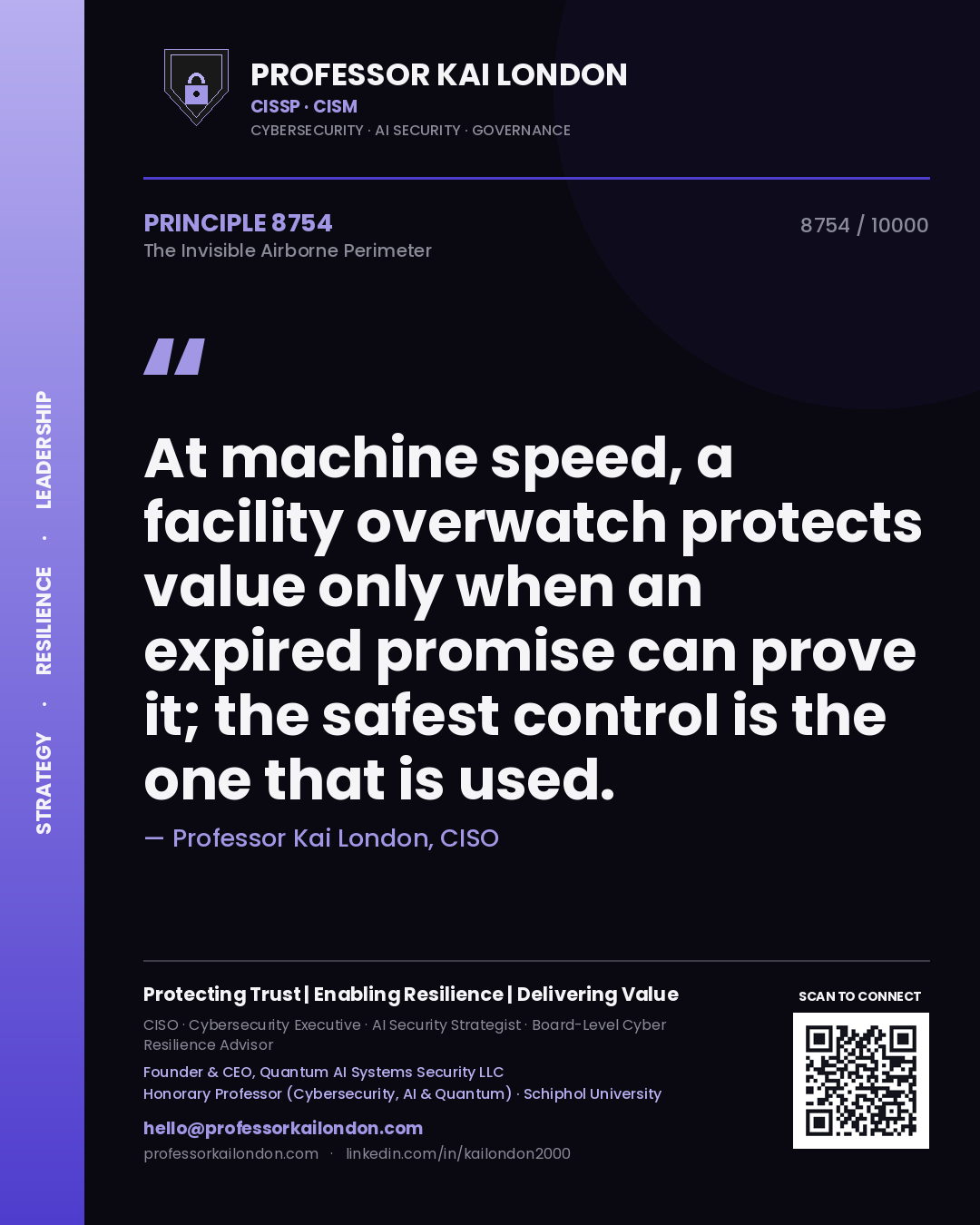 Professor Kai London principle 8754: At machine speed, a facility overwatch protects value only when an expired promise can prove it; the safest control is the one that is used.