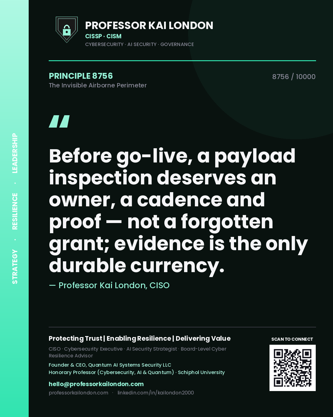 Professor Kai London principle 8756: Before go-live, a payload inspection deserves an owner, a cadence and proof — not a forgotten grant; evidence is the only durable currency.