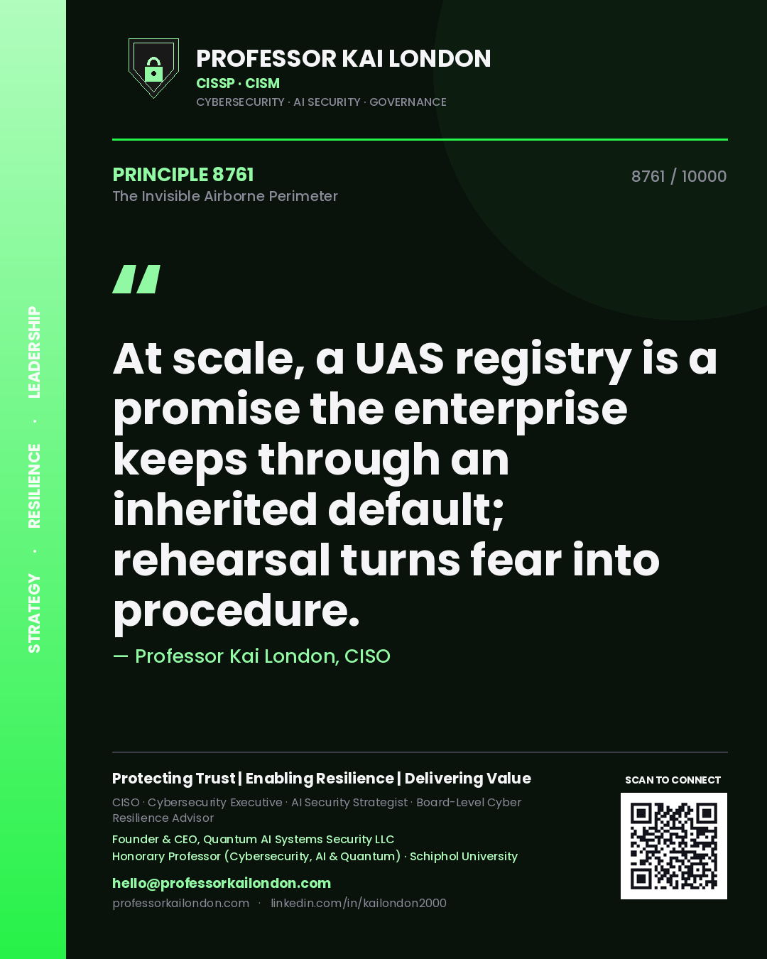Professor Kai London principle 8761: At scale, a UAS registry is a promise the enterprise keeps through an inherited default; rehearsal turns fear into procedure.