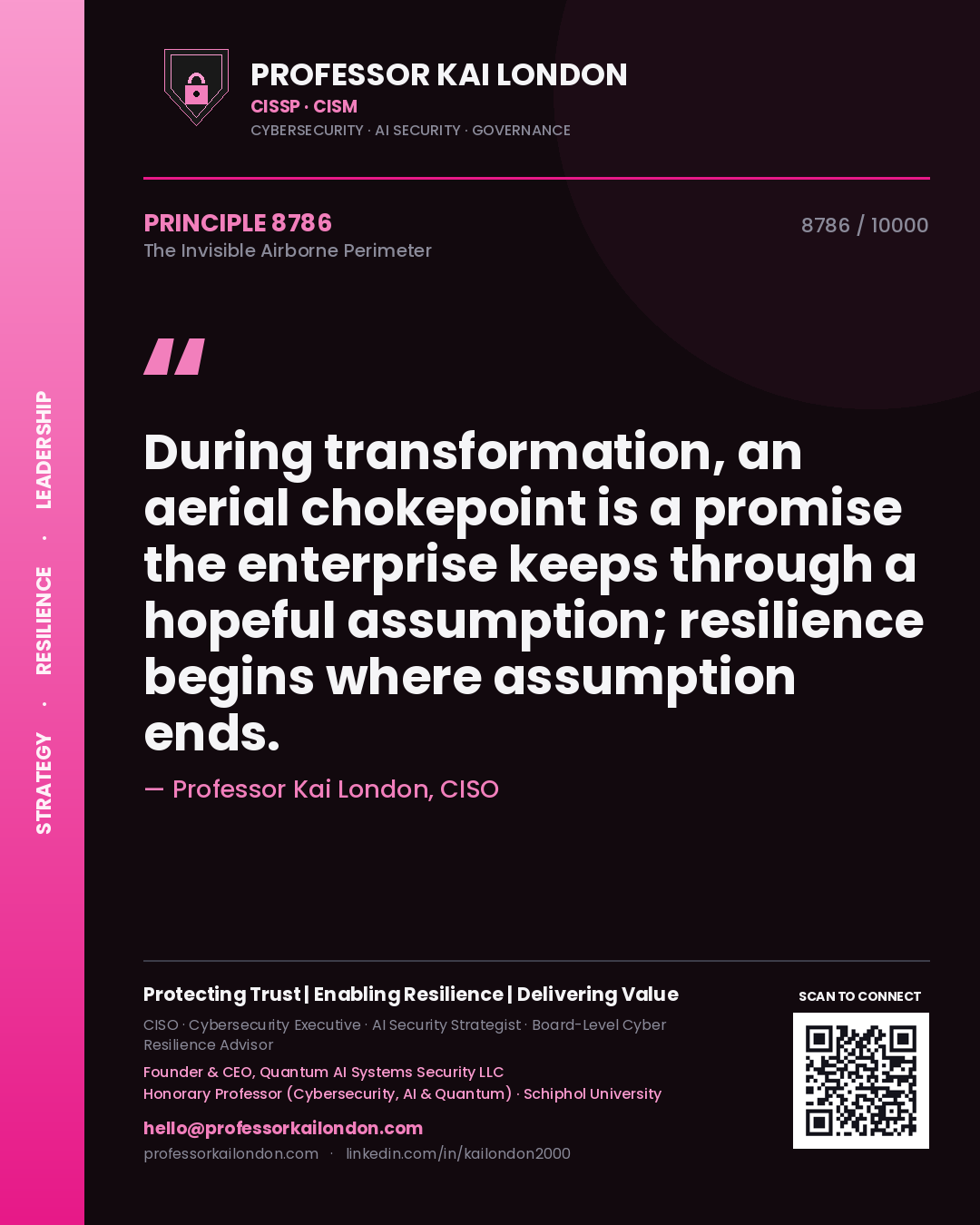 Professor Kai London principle 8786: During transformation, an aerial chokepoint is a promise the enterprise keeps through a hopeful assumption; resilience begins where assumption ends.