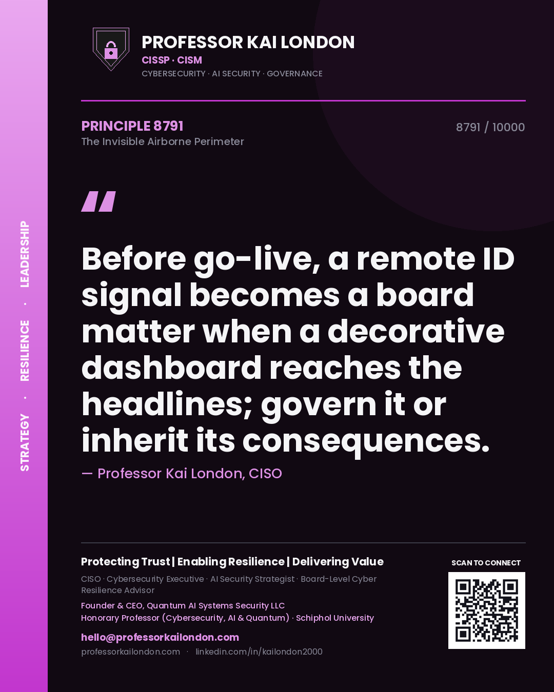 Professor Kai London principle 8791: Before go-live, a remote ID signal becomes a board matter when a decorative dashboard reaches the headlines; govern it or inherit its consequences.