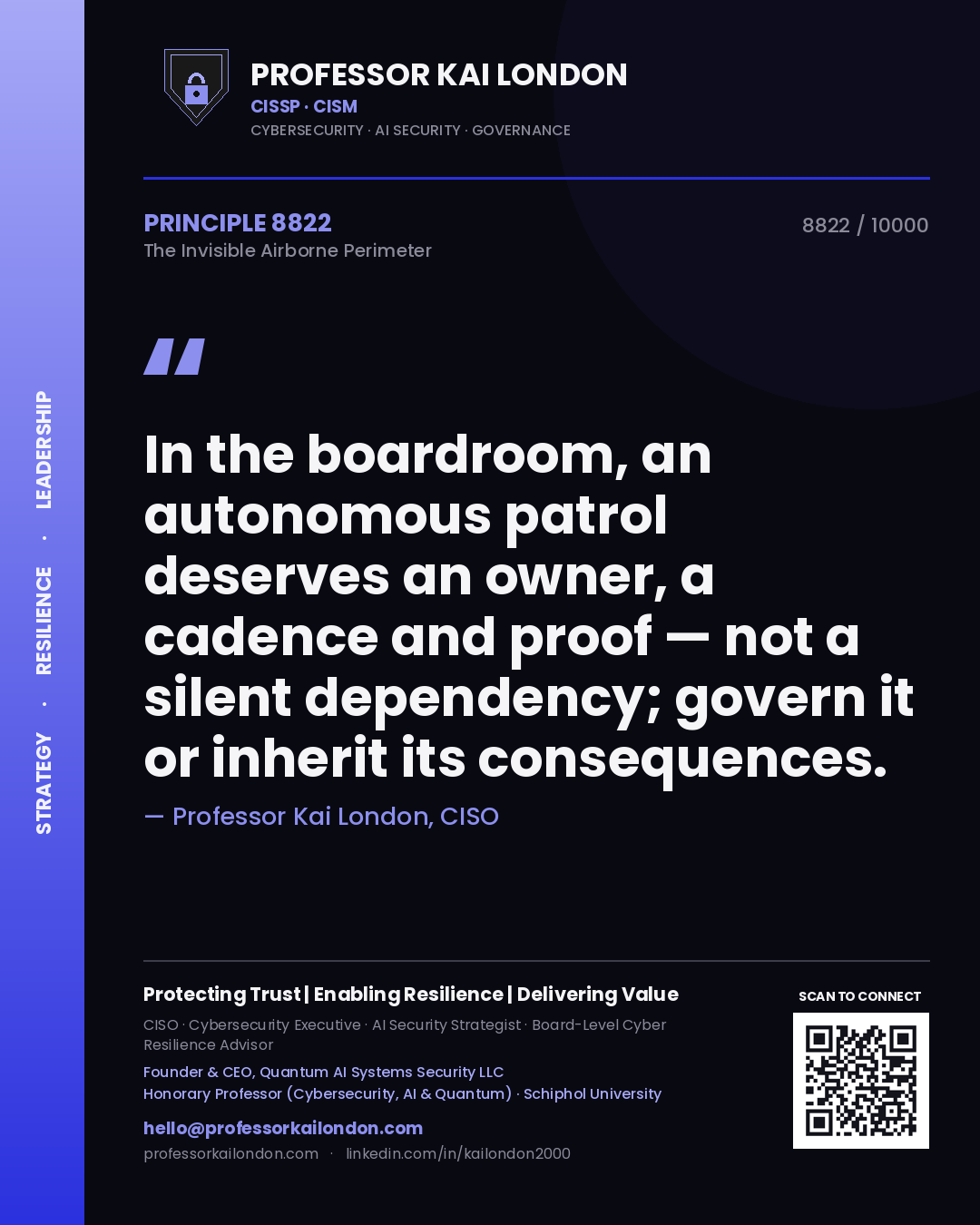 Professor Kai London principle 8822: In the boardroom, an autonomous patrol deserves an owner, a cadence and proof — not a silent dependency; govern it or inherit its consequences.