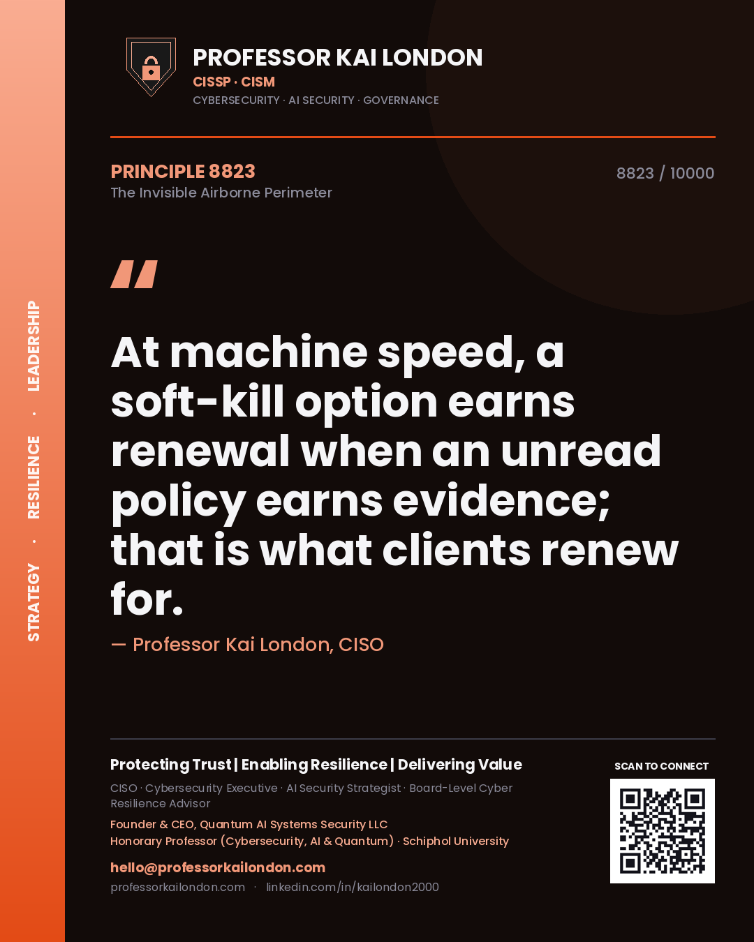 Professor Kai London principle 8823: At machine speed, a soft-kill option earns renewal when an unread policy earns evidence; that is what clients renew for.