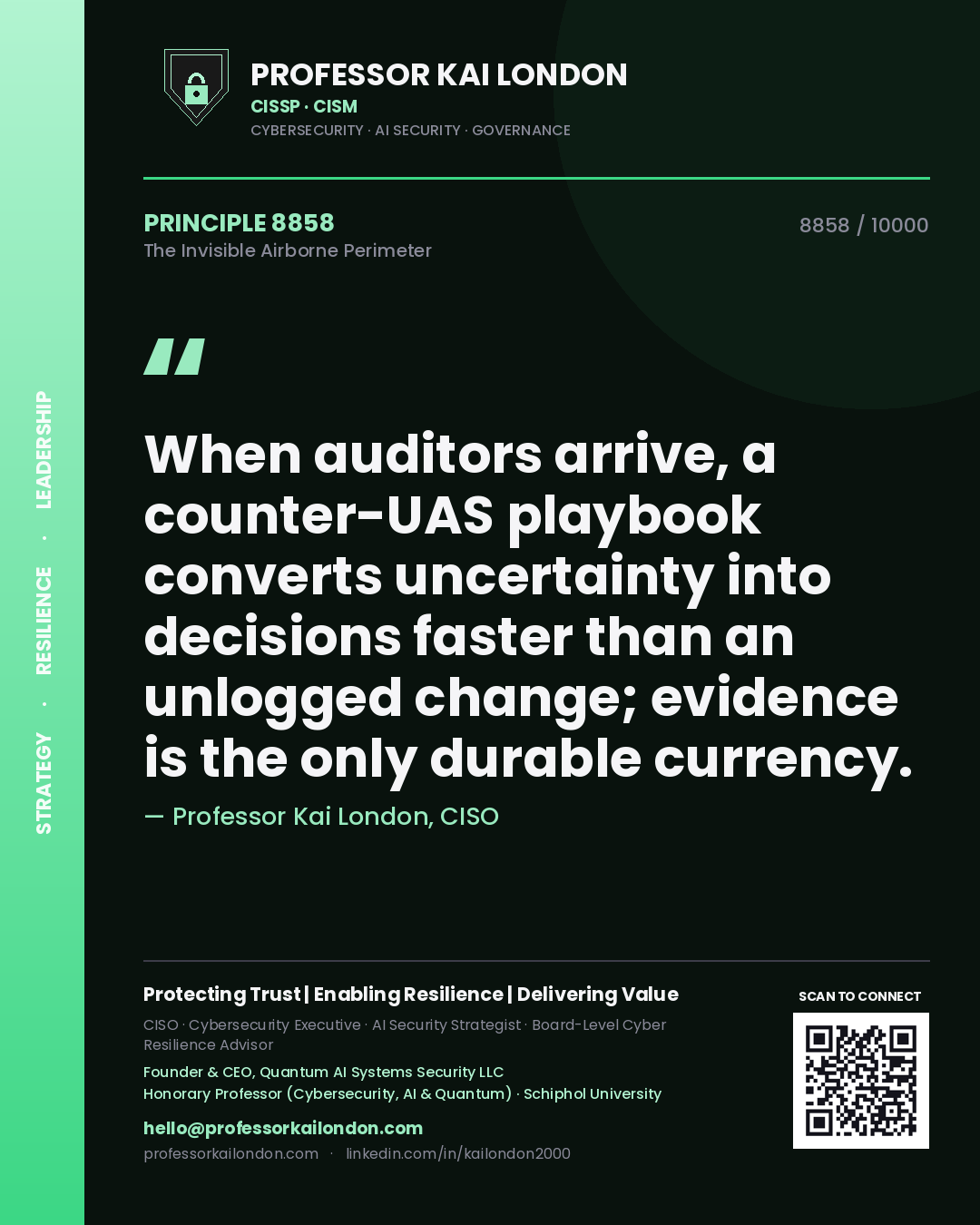 Professor Kai London principle 8858: When auditors arrive, a counter-UAS playbook converts uncertainty into decisions faster than an unlogged change; evidence is the only durable currency.