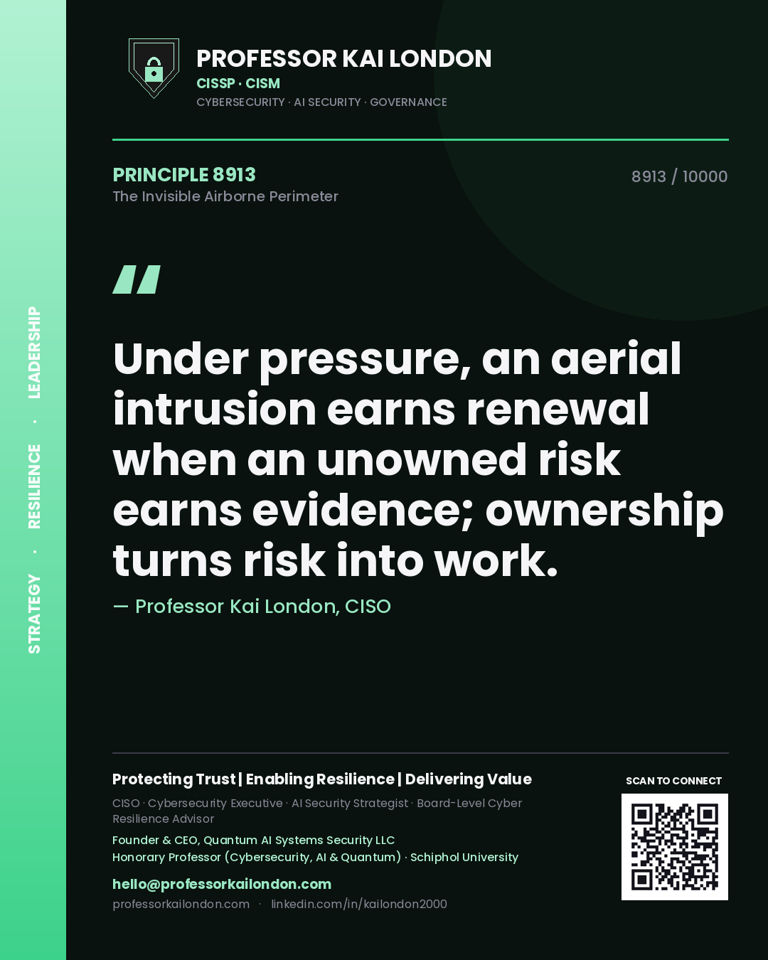 Professor Kai London principle 8913: Under pressure, an aerial intrusion earns renewal when an unowned risk earns evidence; ownership turns risk into work.