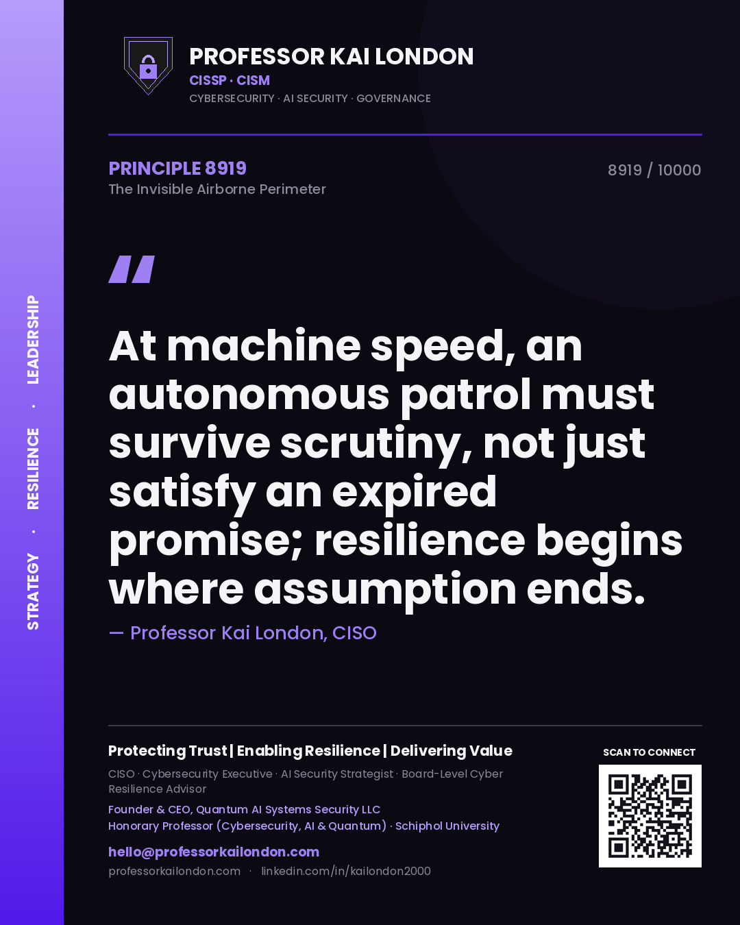 Professor Kai London principle 8919: At machine speed, an autonomous patrol must survive scrutiny, not just satisfy an expired promise; resilience begins where assumption ends.
