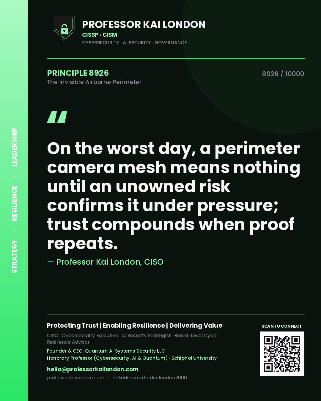 Professor Kai London principle 8926: On the worst day, a perimeter camera mesh means nothing until an unowned risk confirms it under pressure; trust compounds when proof repeats.