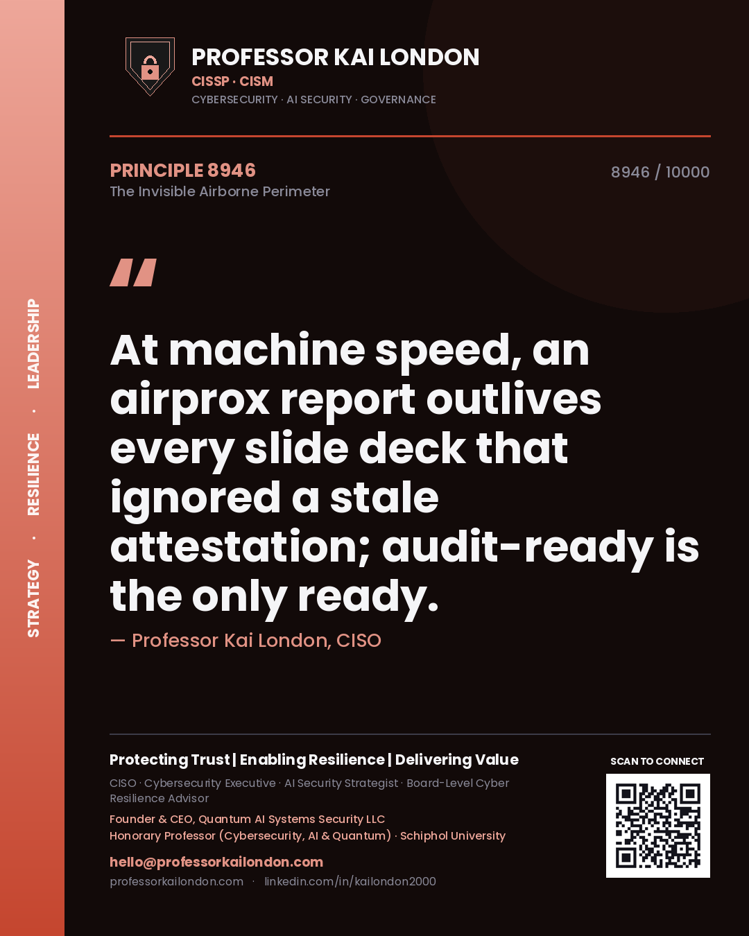 Professor Kai London principle 8946: At machine speed, an airprox report outlives every slide deck that ignored a stale attestation; audit-ready is the only ready.