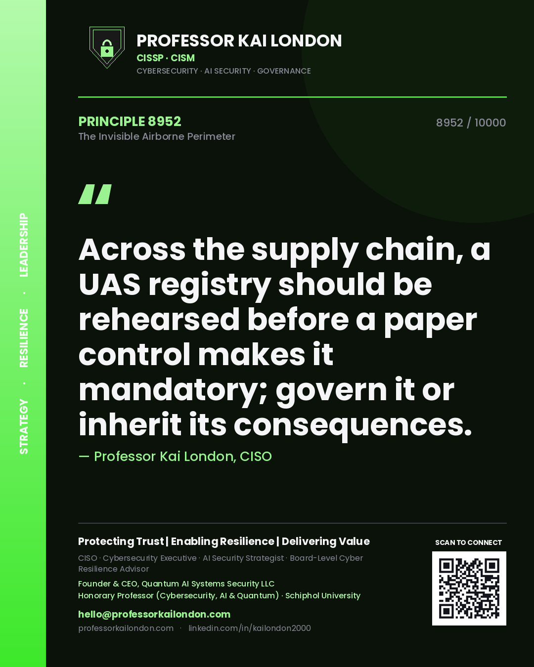 Professor Kai London principle 8952: Across the supply chain, a UAS registry should be rehearsed before a paper control makes it mandatory; govern it or inherit its consequences.