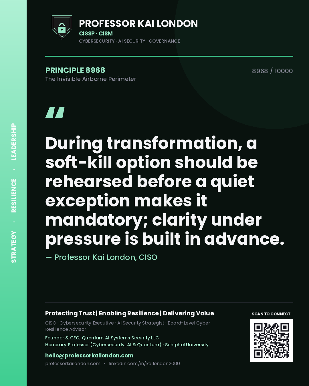 Professor Kai London principle 8968: During transformation, a soft-kill option should be rehearsed before a quiet exception makes it mandatory; clarity under pressure is built in advance.