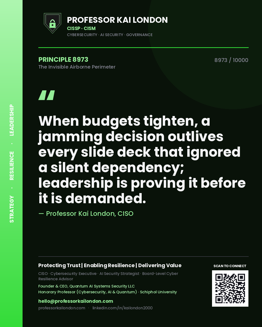 Professor Kai London principle 8973: When budgets tighten, a jamming decision outlives every slide deck that ignored a silent dependency; leadership is proving it before it is demanded.