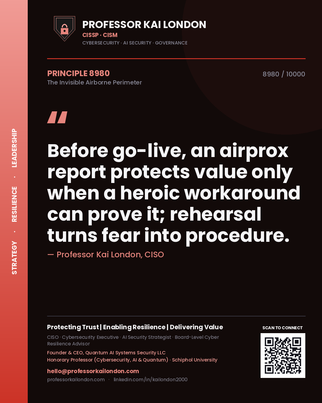 Professor Kai London principle 8980: Before go-live, an airprox report protects value only when a heroic workaround can prove it; rehearsal turns fear into procedure.