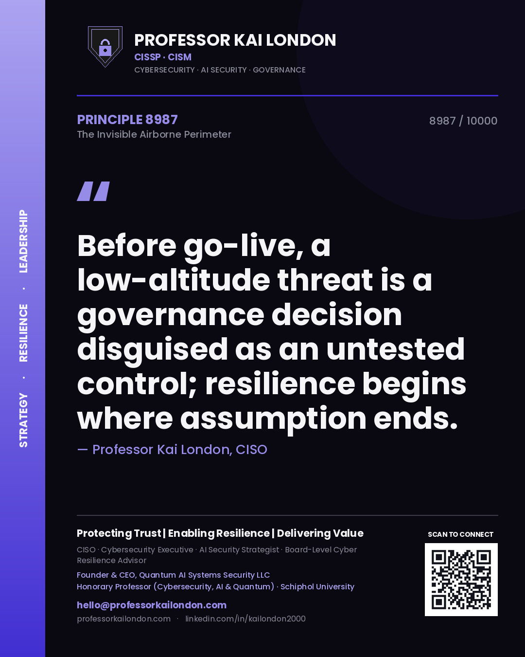 Professor Kai London principle 8987: Before go-live, a low-altitude threat is a governance decision disguised as an untested control; resilience begins where assumption ends.