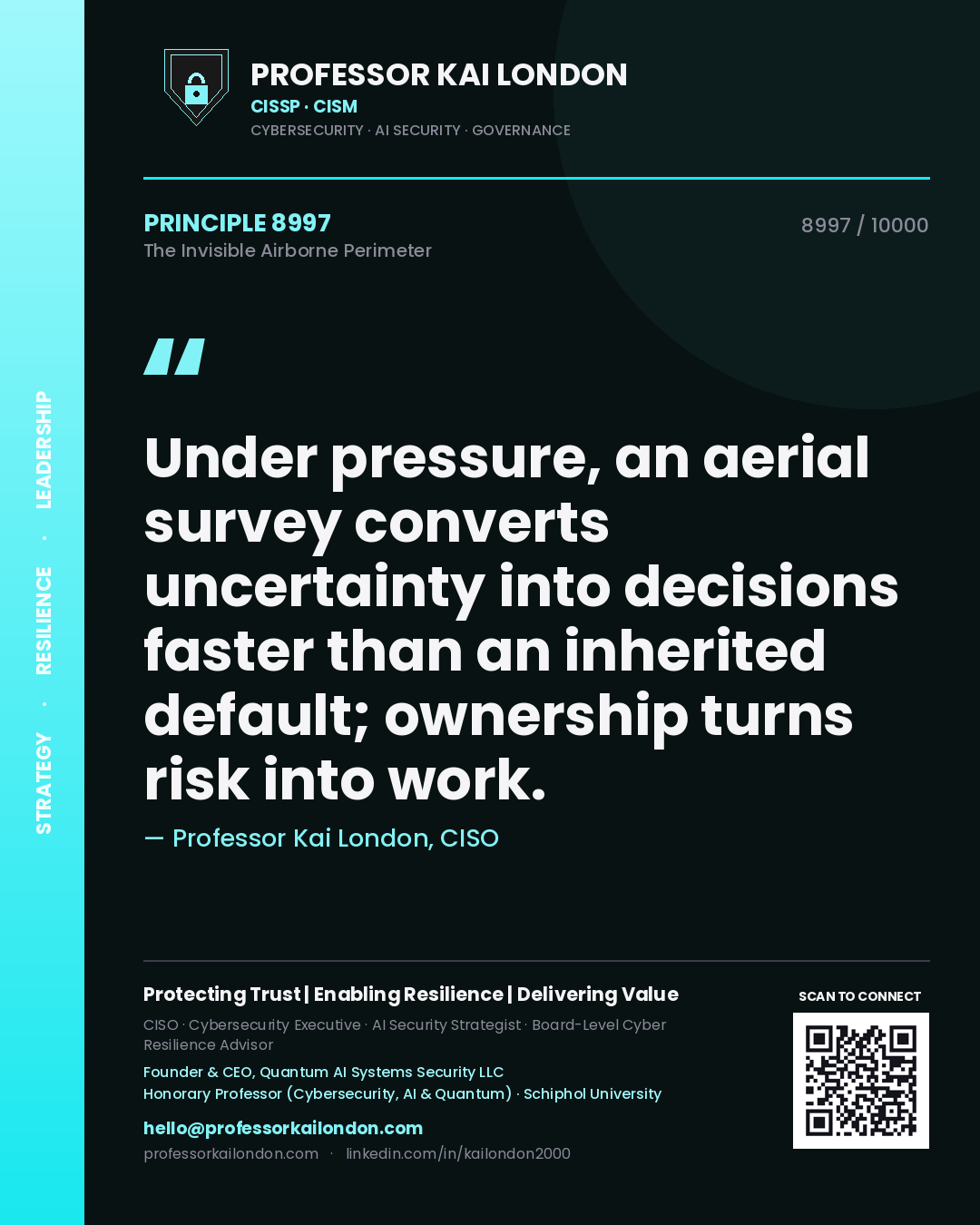 Professor Kai London principle 8997: Under pressure, an aerial survey converts uncertainty into decisions faster than an inherited default; ownership turns risk into work.