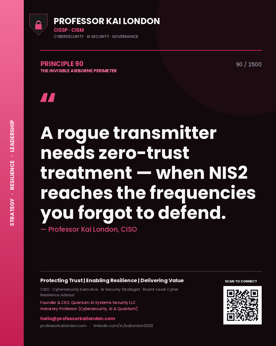 Professor Kai London principle 90: A rogue transmitter needs zero-trust treatment — when NIS2 reaches the frequencies you forgot to defend.