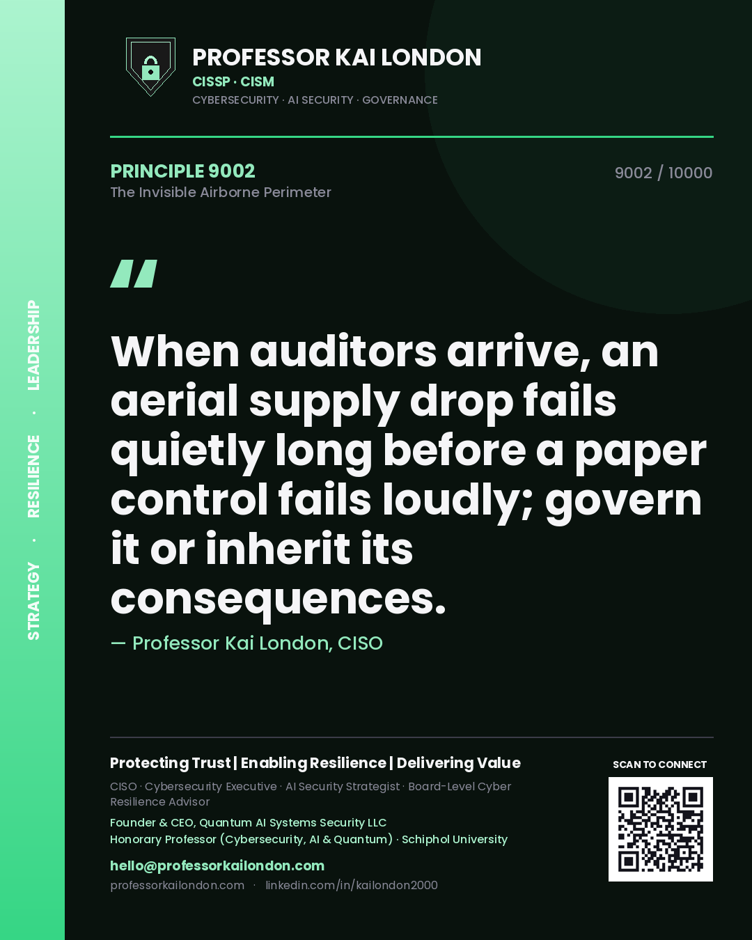 Professor Kai London principle 9002: When auditors arrive, an aerial supply drop fails quietly long before a paper control fails loudly; govern it or inherit its consequences.