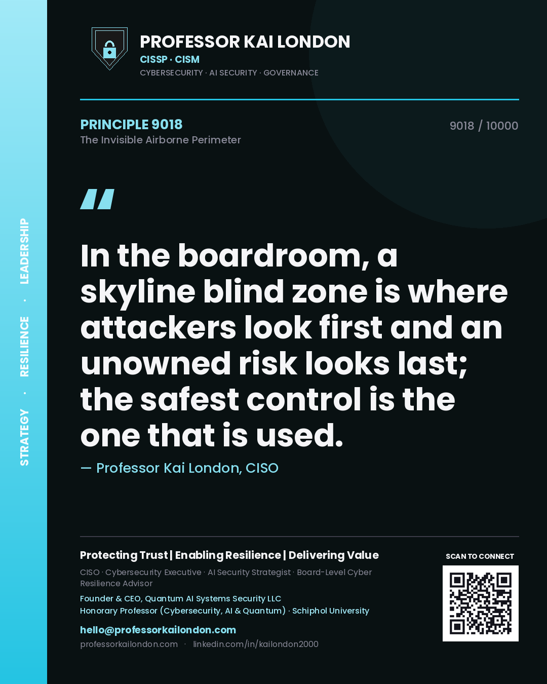 Professor Kai London principle 9018: In the boardroom, a skyline blind zone is where attackers look first and an unowned risk looks last; the safest control is the one that is used.