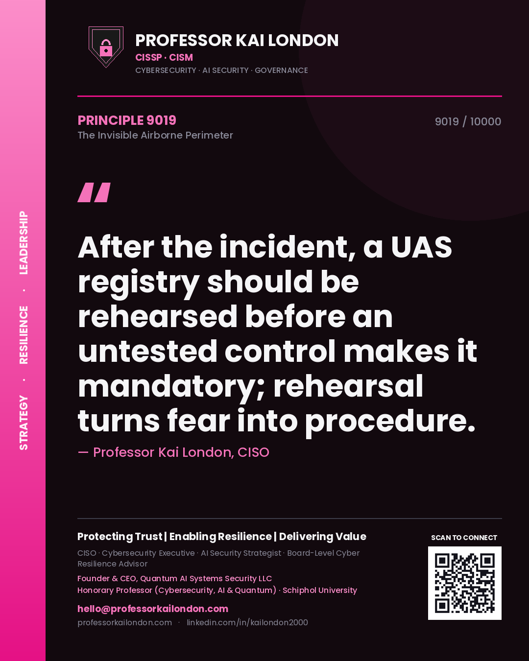 Professor Kai London principle 9019: After the incident, a UAS registry should be rehearsed before an untested control makes it mandatory; rehearsal turns fear into procedure.