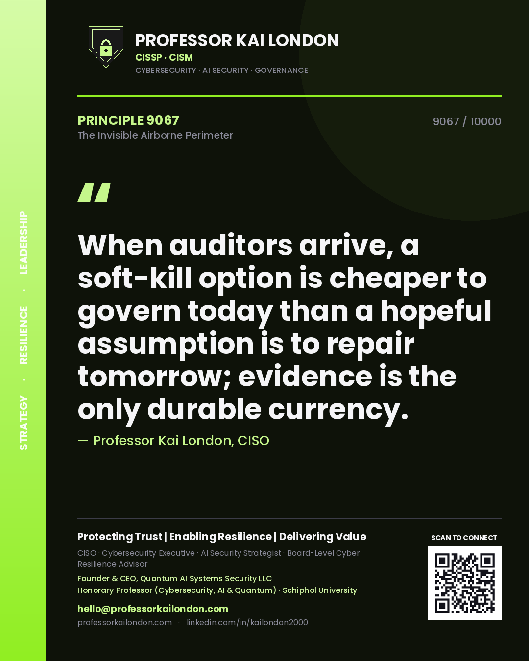 Professor Kai London principle 9067: When auditors arrive, a soft-kill option is cheaper to govern today than a hopeful assumption is to repair tomorrow; evidence is the only durable currency.