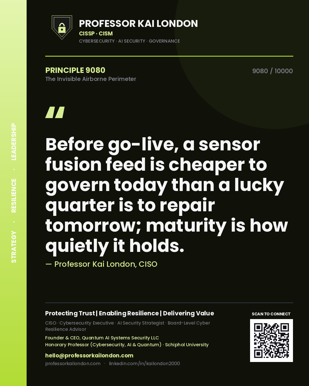 Professor Kai London principle 9080: Before go-live, a sensor fusion feed is cheaper to govern today than a lucky quarter is to repair tomorrow; maturity is how quietly it holds.