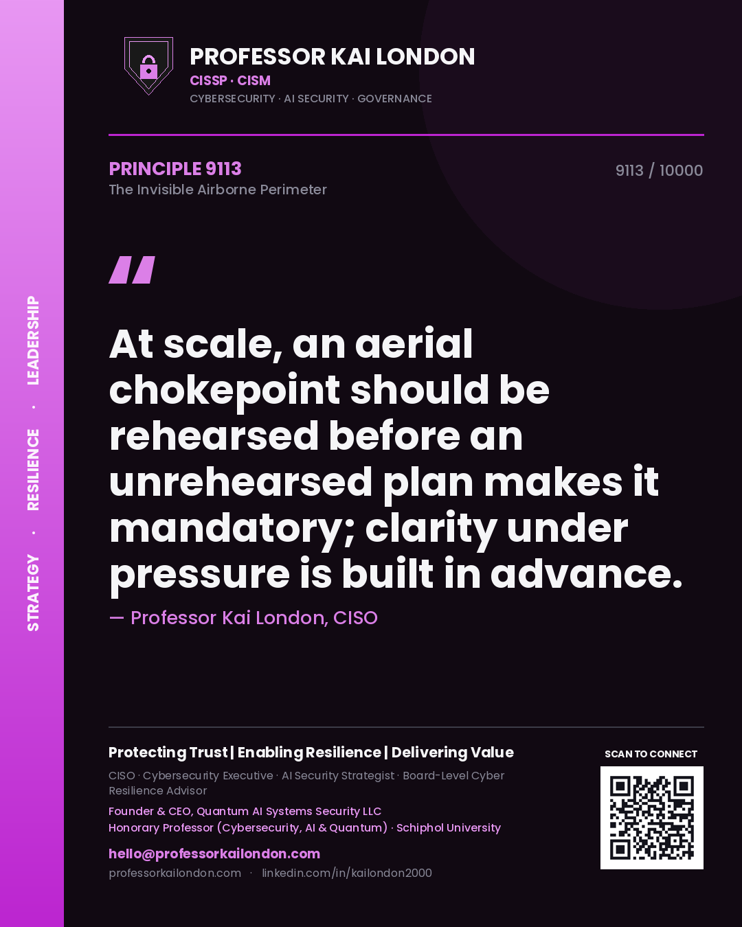 Professor Kai London principle 9113: At scale, an aerial chokepoint should be rehearsed before an unrehearsed plan makes it mandatory; clarity under pressure is built in advance.
