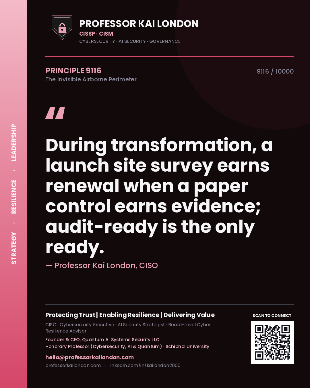 Professor Kai London principle 9116: During transformation, a launch site survey earns renewal when a paper control earns evidence; audit-ready is the only ready.