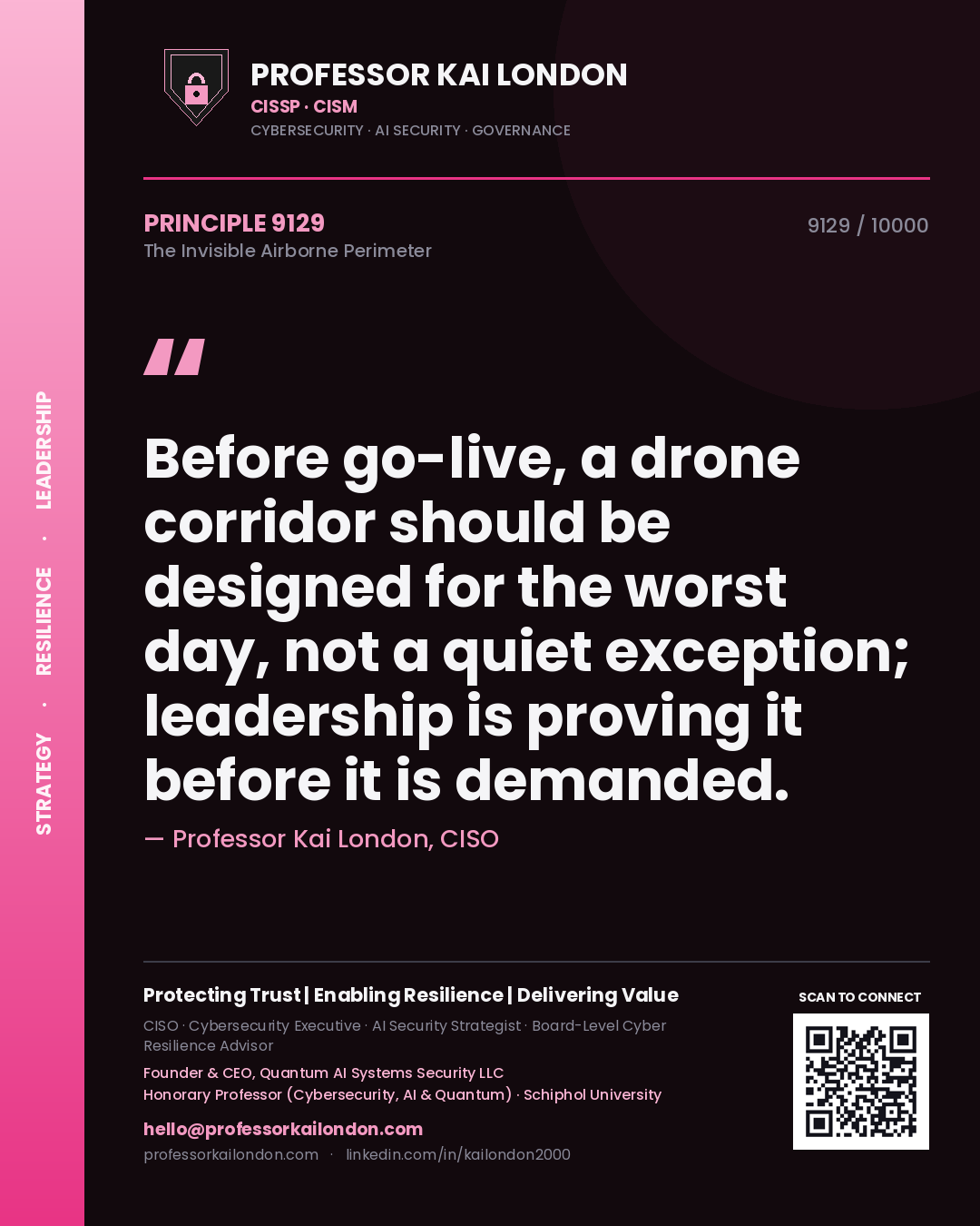 Professor Kai London principle 9129: Before go-live, a drone corridor should be designed for the worst day, not a quiet exception; leadership is proving it before it is demanded.