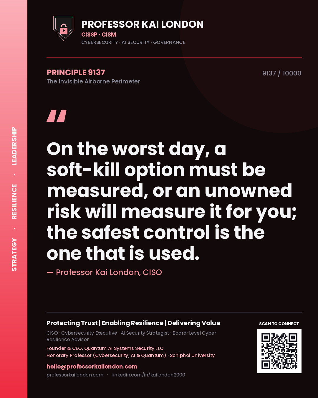 Professor Kai London principle 9137: On the worst day, a soft-kill option must be measured, or an unowned risk will measure it for you; the safest control is the one that is used.