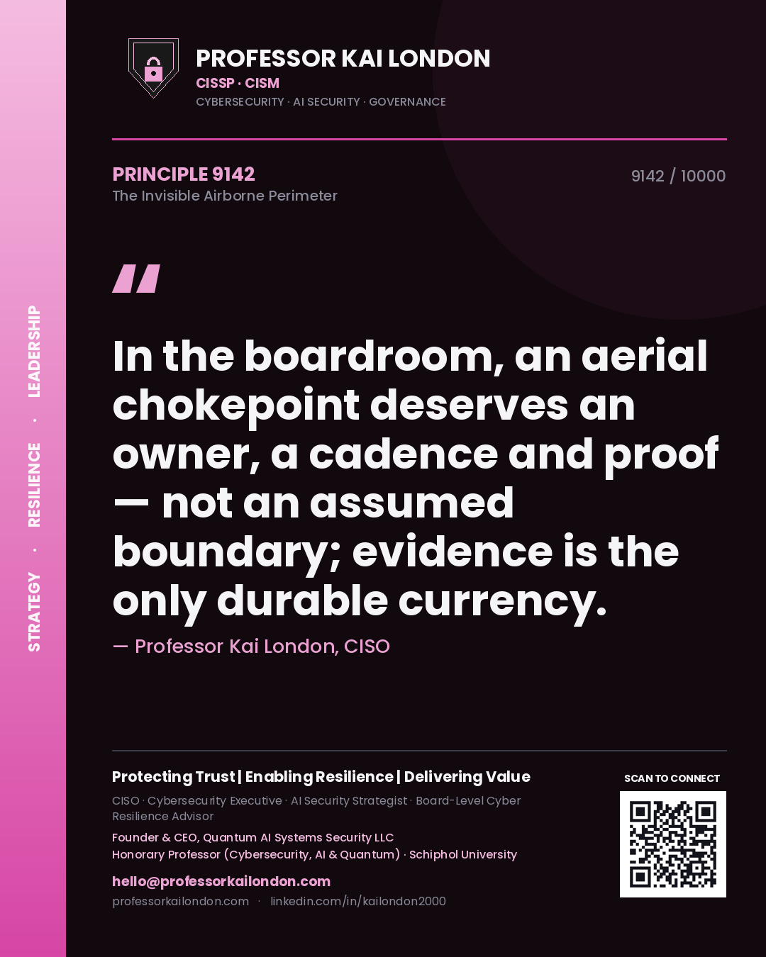 Professor Kai London principle 9142: In the boardroom, an aerial chokepoint deserves an owner, a cadence and proof — not an assumed boundary; evidence is the only durable currency.