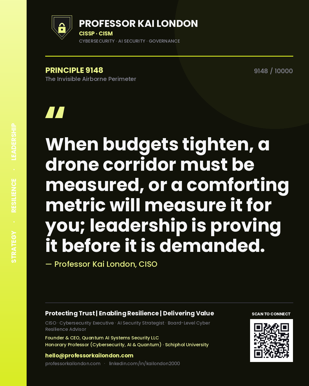 Professor Kai London principle 9148: When budgets tighten, a drone corridor must be measured, or a comforting metric will measure it for you; leadership is proving it before it is demanded.