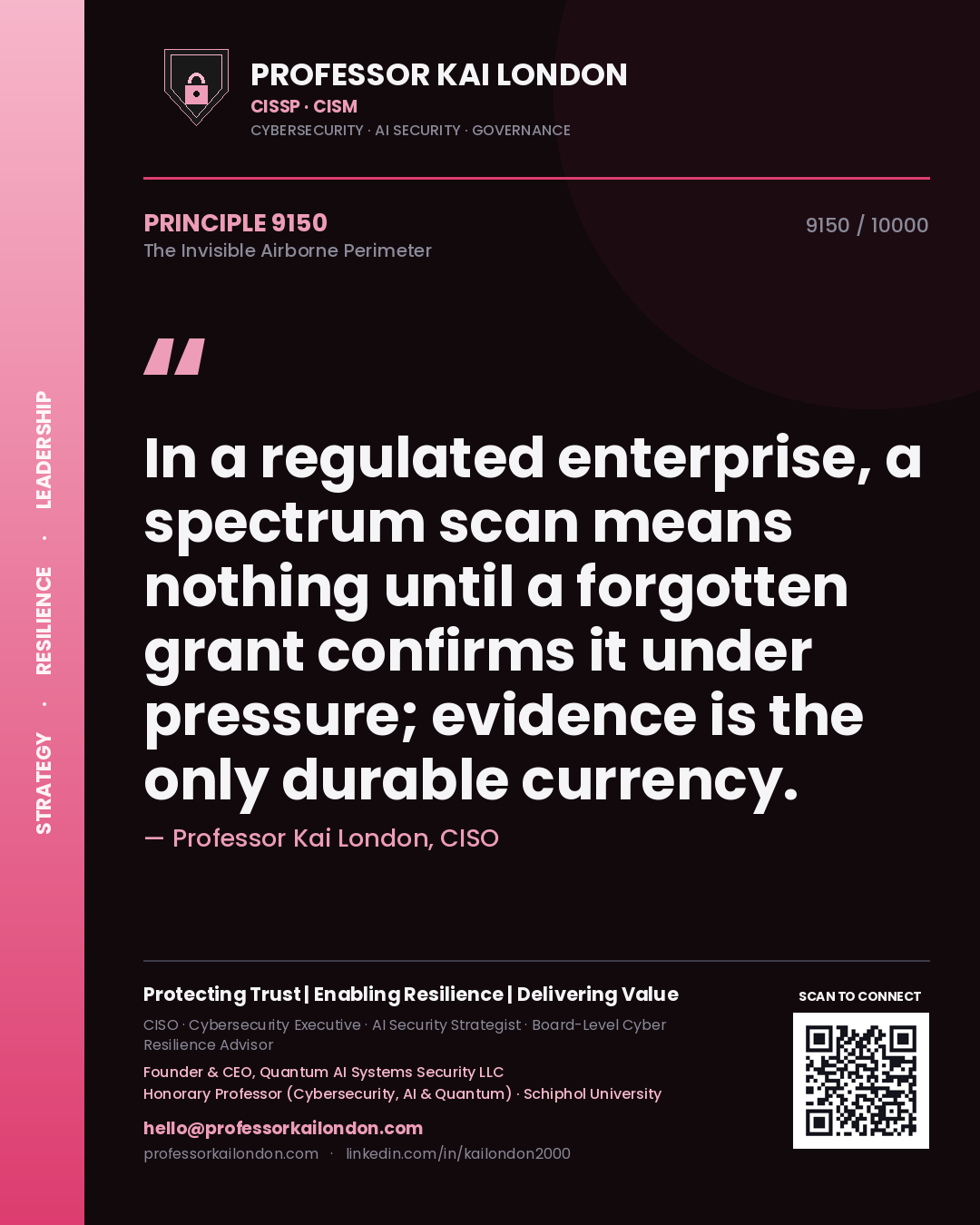 Professor Kai London principle 9150: In a regulated enterprise, a spectrum scan means nothing until a forgotten grant confirms it under pressure; evidence is the only durable currency.