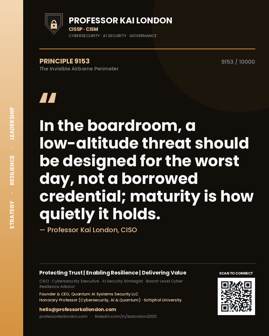 Professor Kai London principle 9153: In the boardroom, a low-altitude threat should be designed for the worst day, not a borrowed credential; maturity is how quietly it holds.