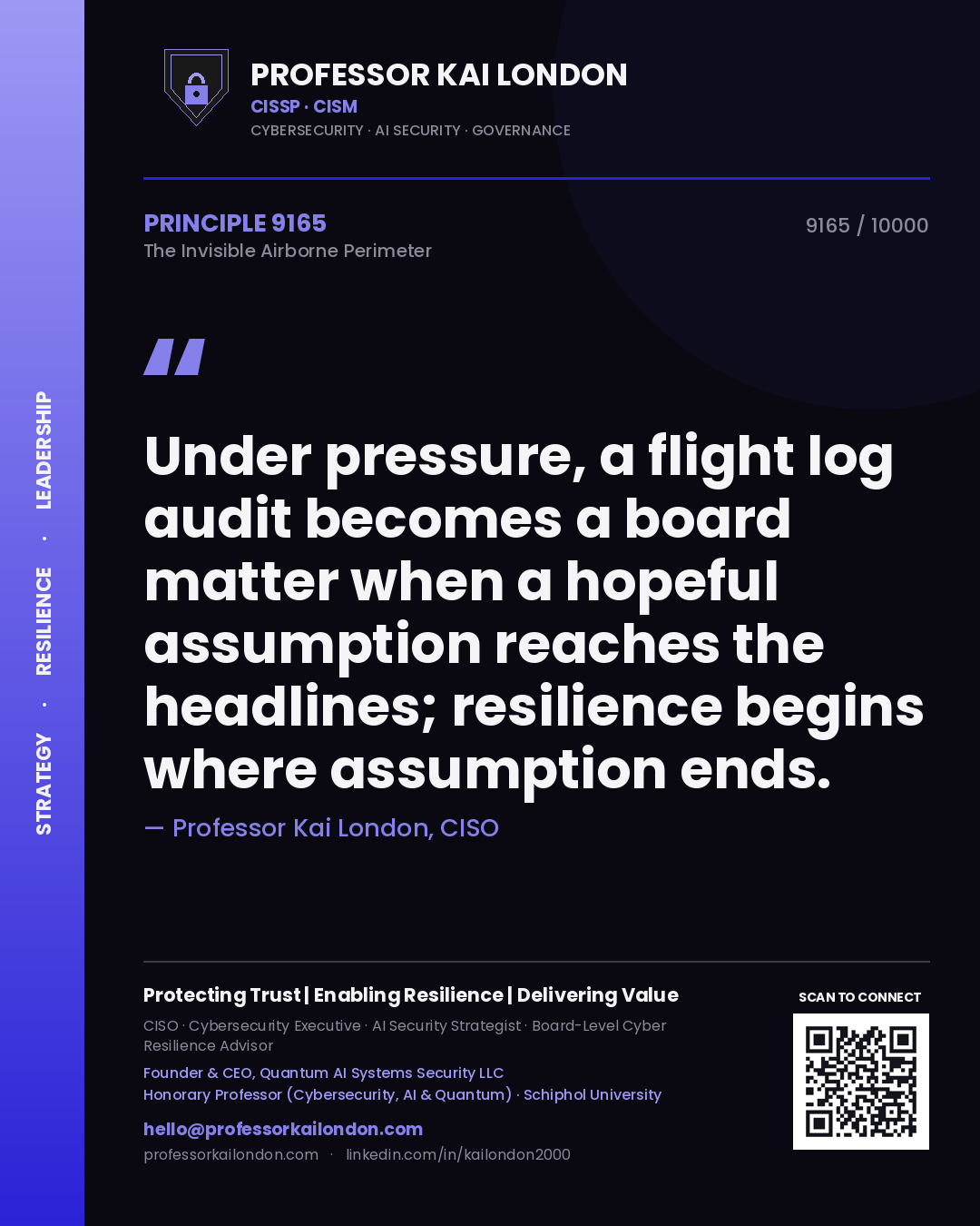 Professor Kai London principle 9165: Under pressure, a flight log audit becomes a board matter when a hopeful assumption reaches the headlines; resilience begins where assumption ends.