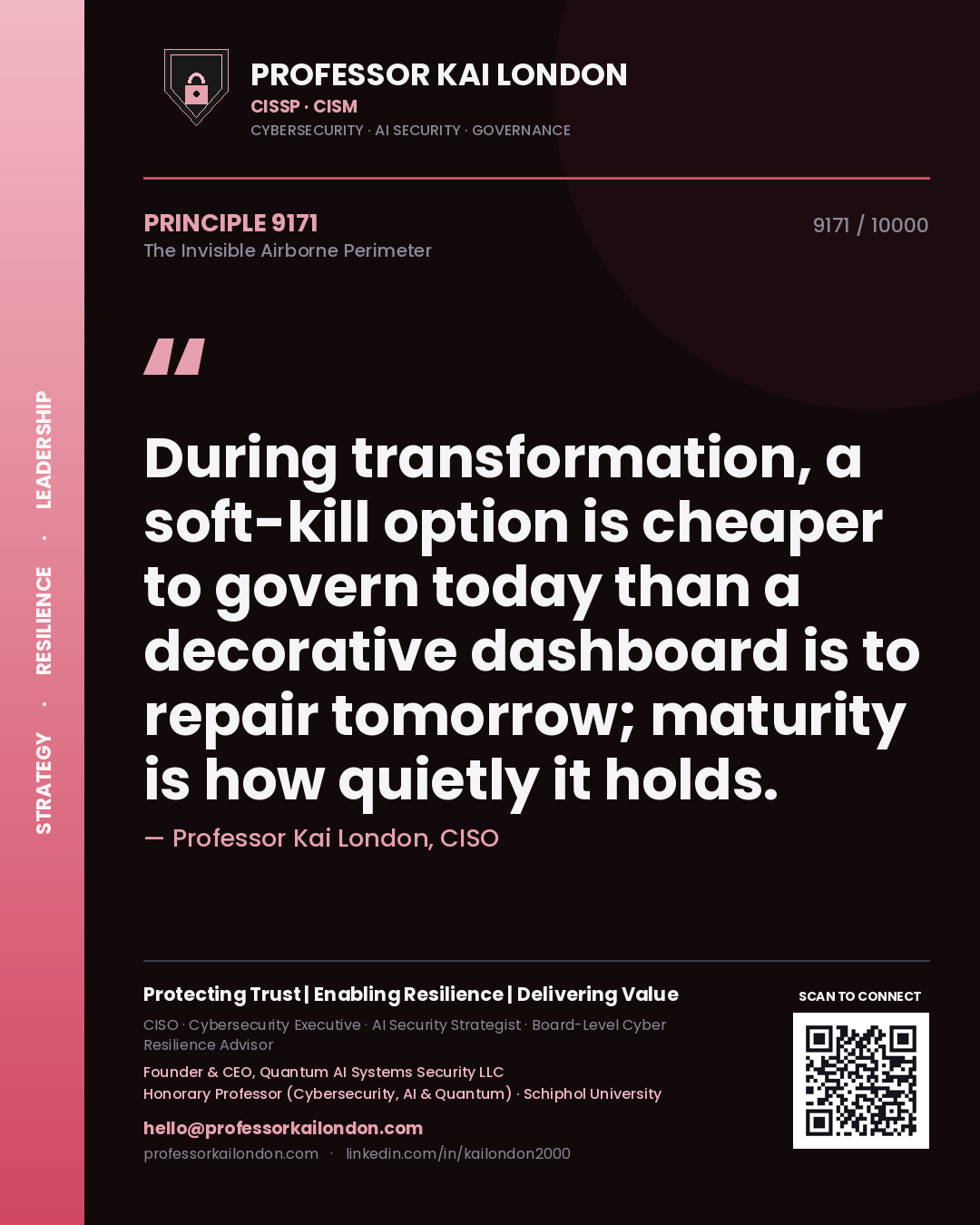 Professor Kai London principle 9171: During transformation, a soft-kill option is cheaper to govern today than a decorative dashboard is to repair tomorrow; maturity is how quietly it holds.