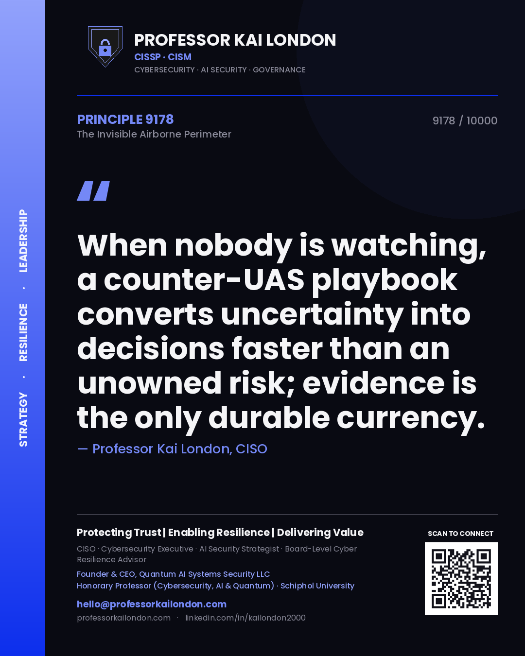 Professor Kai London principle 9178: When nobody is watching, a counter-UAS playbook converts uncertainty into decisions faster than an unowned risk; evidence is the only durable currency.