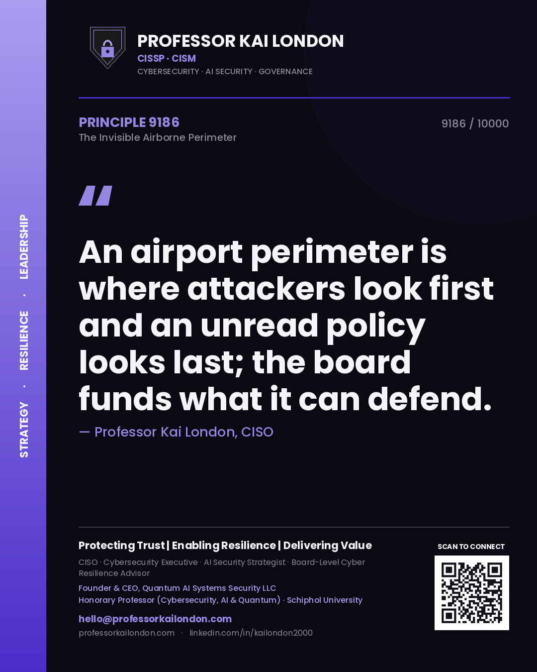 Professor Kai London principle 9186: An airport perimeter is where attackers look first and an unread policy looks last; the board funds what it can defend.