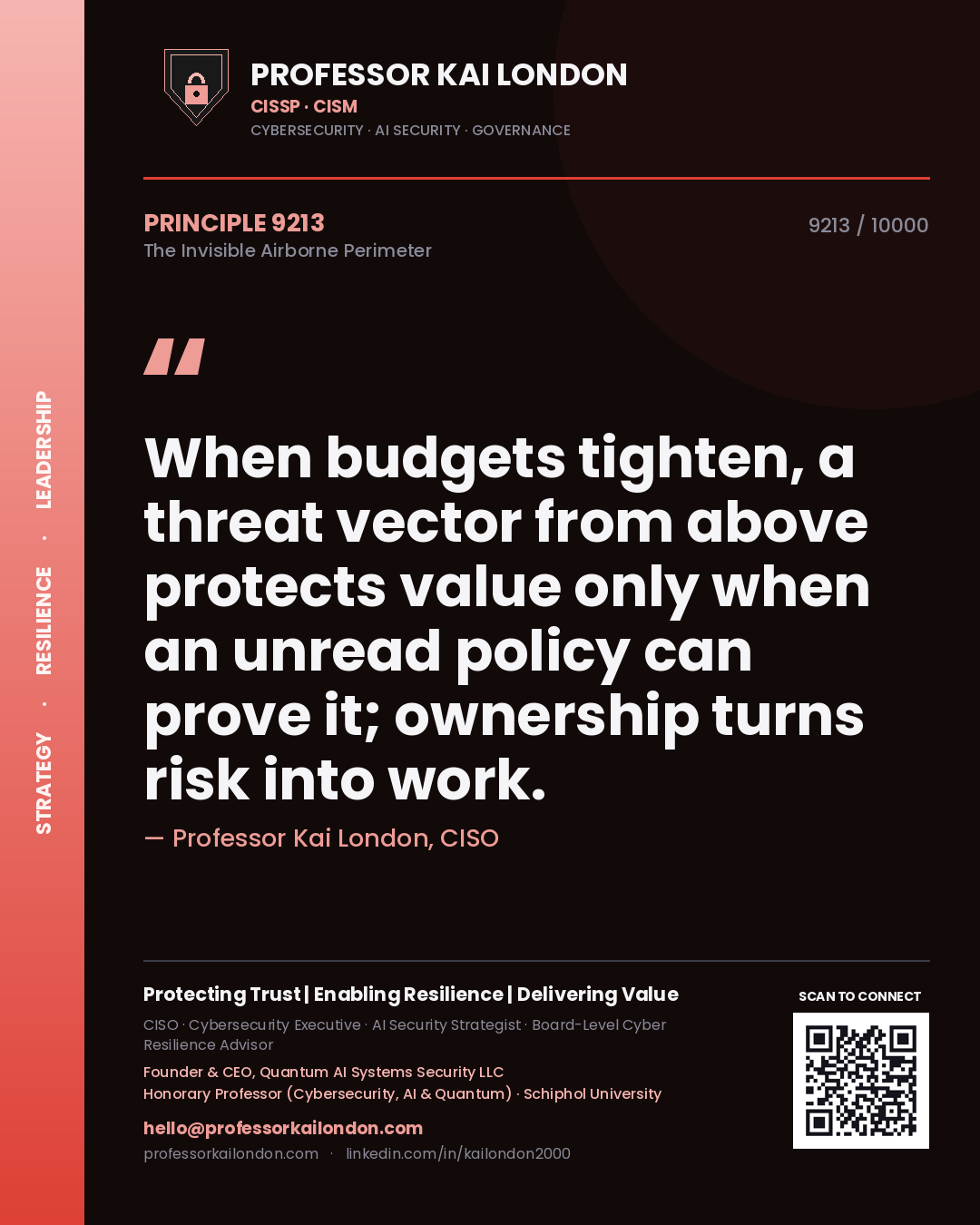 Professor Kai London principle 9213: When budgets tighten, a threat vector from above protects value only when an unread policy can prove it; ownership turns risk into work.
